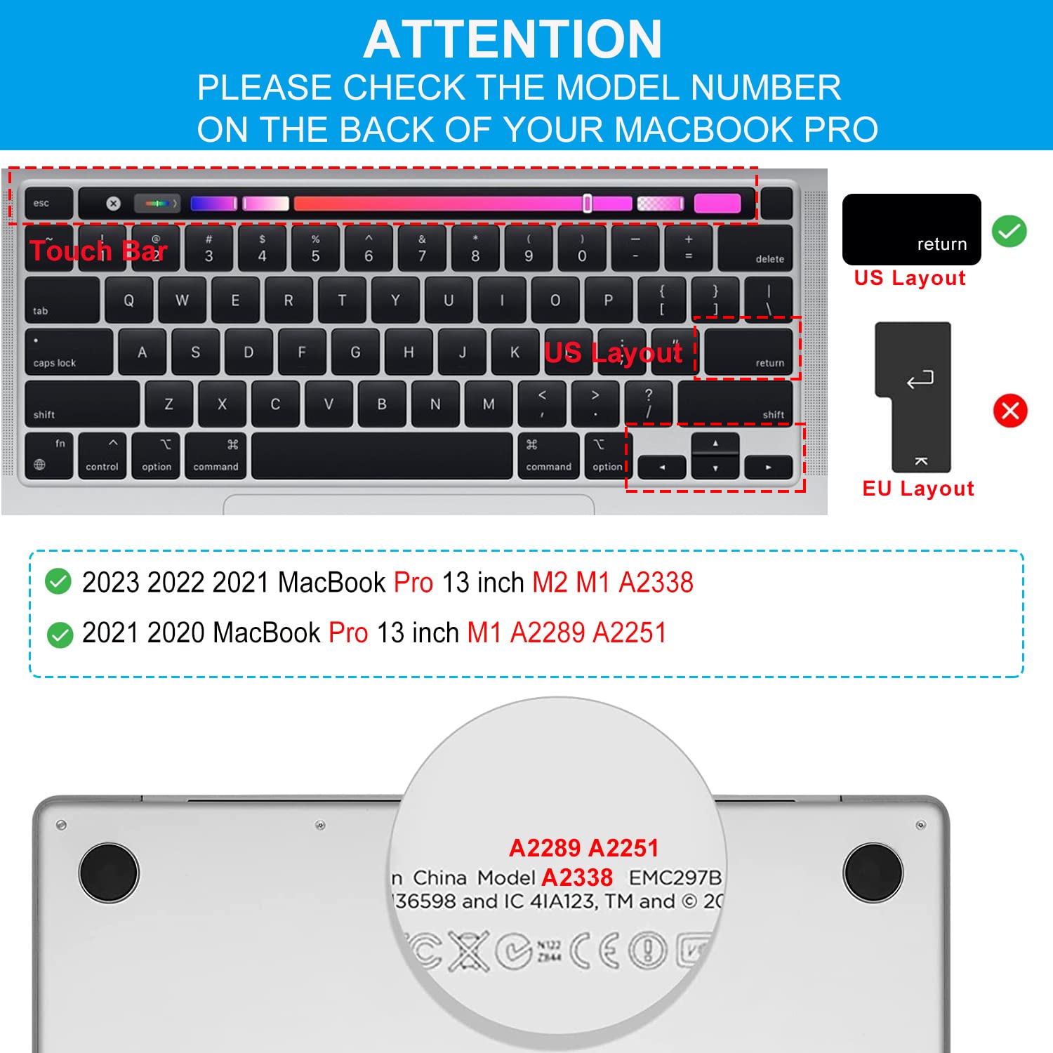 Casebuy Premium Keyboard Cover For Macbook Pro 13 Inch M2 2023 2022, 2021 2020 M1 A2338 A2289 A2251 Ultra Thin Us Keyboard Prote
