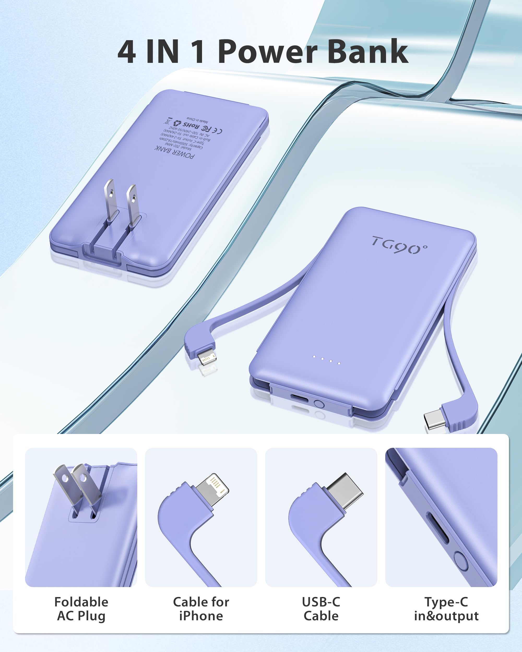 Tg90 2 Pack External Battery Pack 5000Mah Portable Charger, Usb C Power Bank With Built In Foldable Ac Wall Plug And Cables, Min