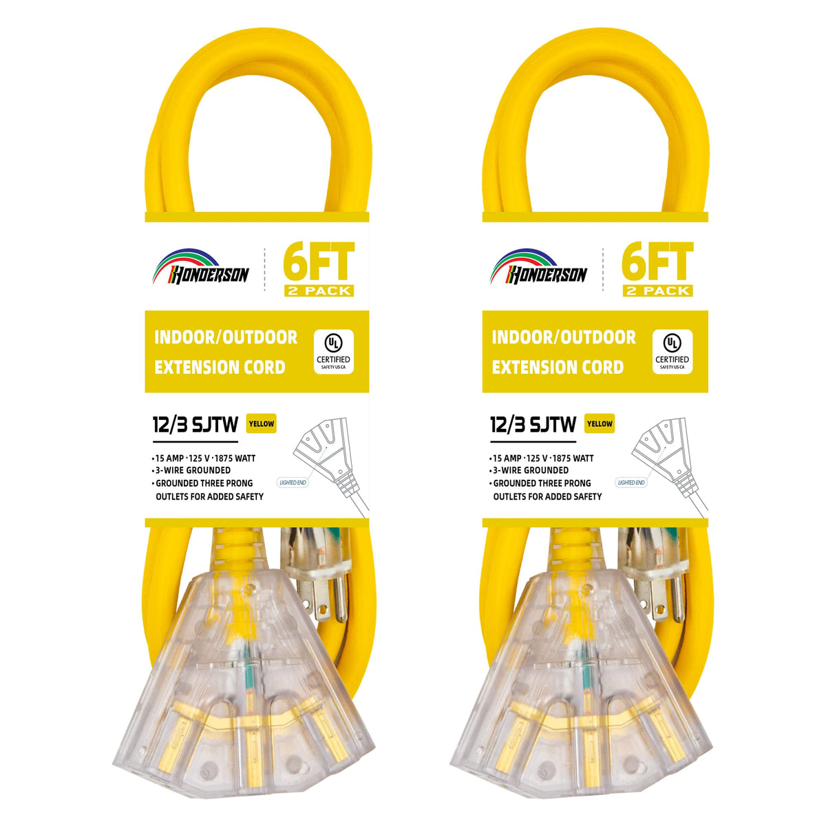 Honderson 2 Pack 6Ft Lighted Outdoor Extension Cord With 3 Power Outlets,12/3 Sjtw Heavy Duty Yellow Extension Cable With 3 Pron