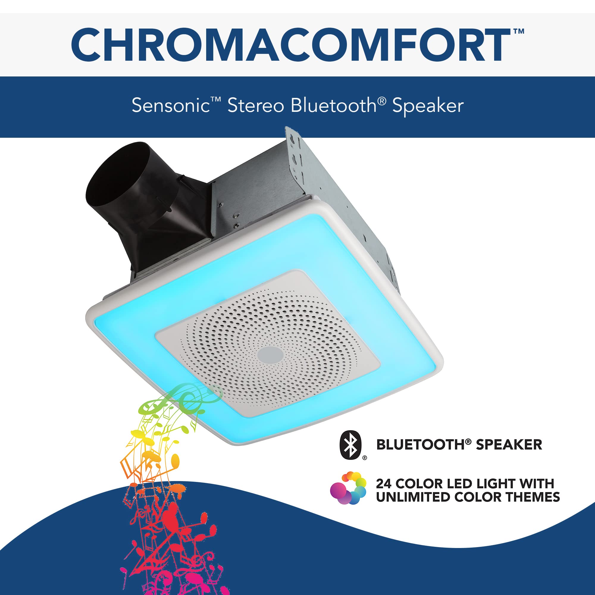 Broan Nutone Spk110Rgbl Chromacomfort Bathroom Exhaust Fan With Sensonic Bluetooth Speaker And Led Light, White