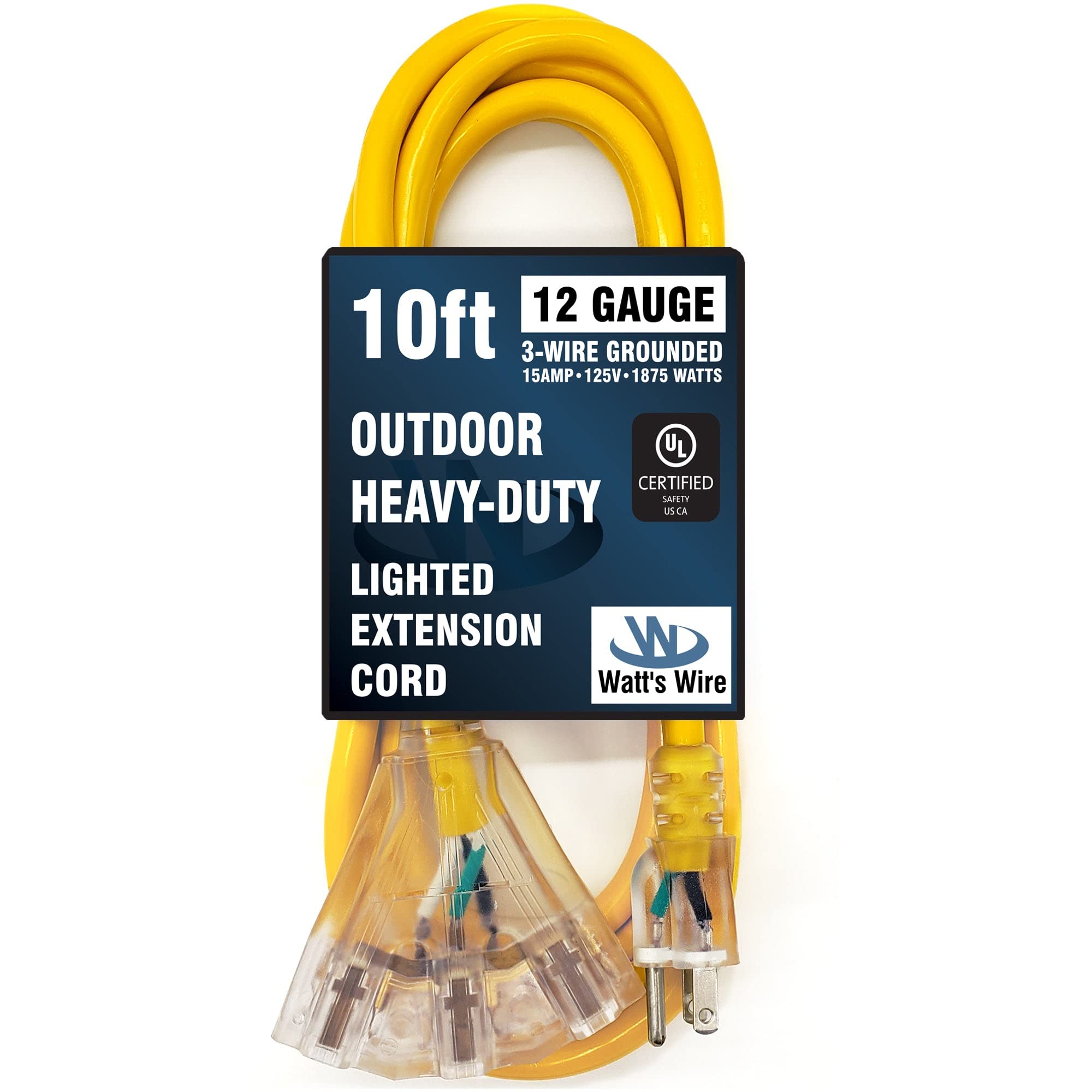 10 Ft 123 Heavy Duty 3 Outlet Lighted Sjtw Indooroutdoor Yellow Extension Cord By Watts Wire   Short 10 12 Gauge Grounded 15 Amp