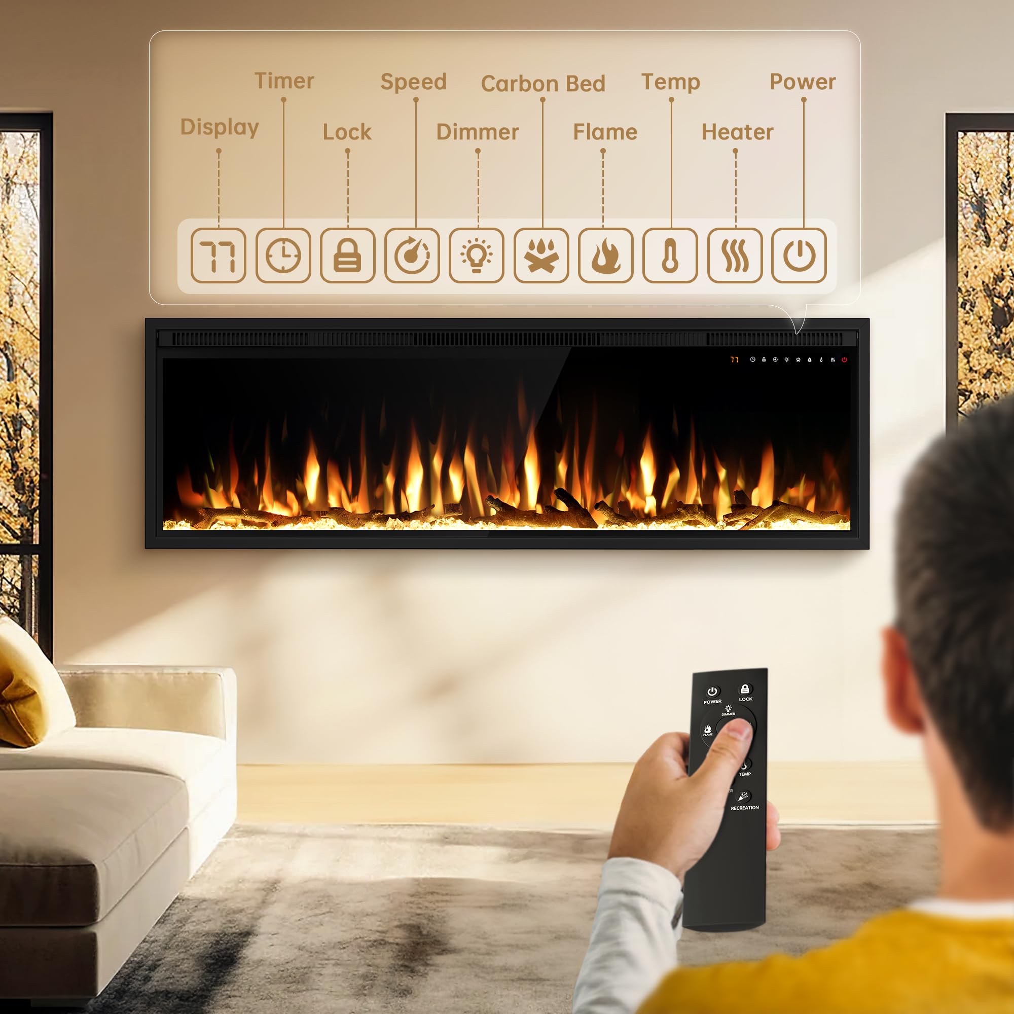 Smart 60'' Wifi Enabled Electric Fireplace Heater, Recessed In Wall And Wall Mounted Linear Fireplace,Compatible With Alexa,13 A