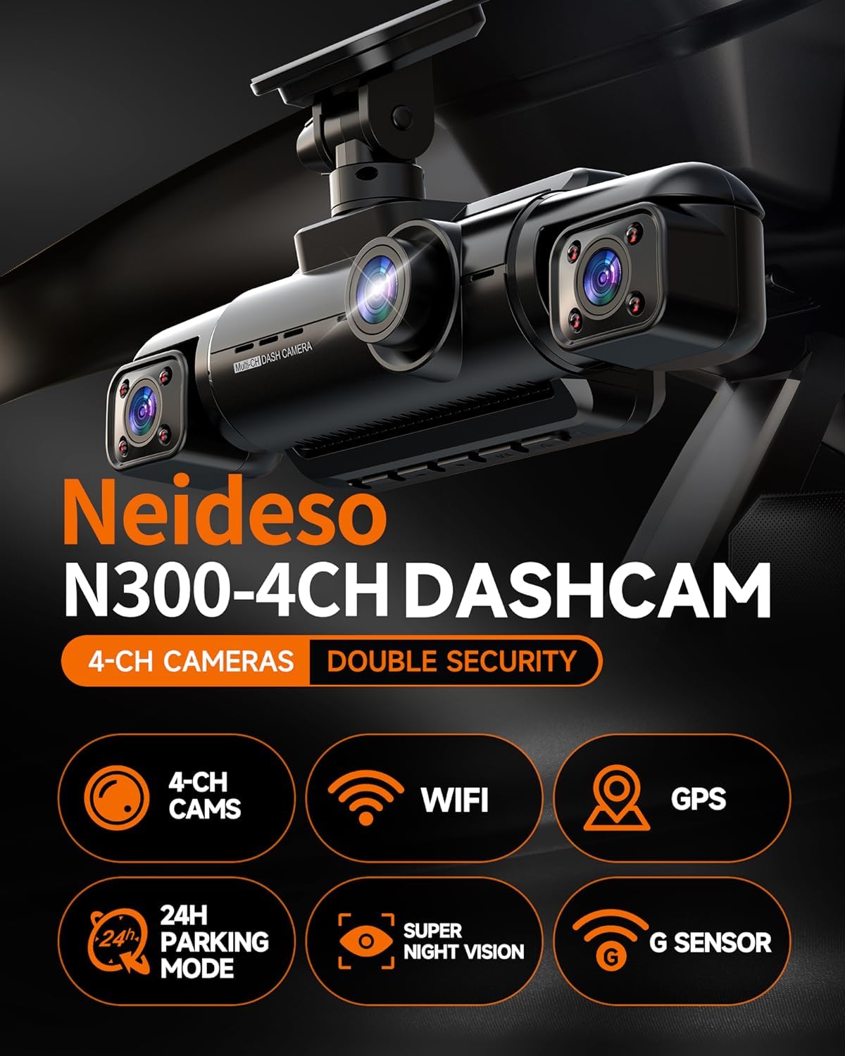 Neideso 360 Dash Cam Front And Rear Inside, 4 Channel Fhd 4 * 1080P, Wi Fi Gps Voice Control Car Camera, Front 2K+1080P*2 Dash C