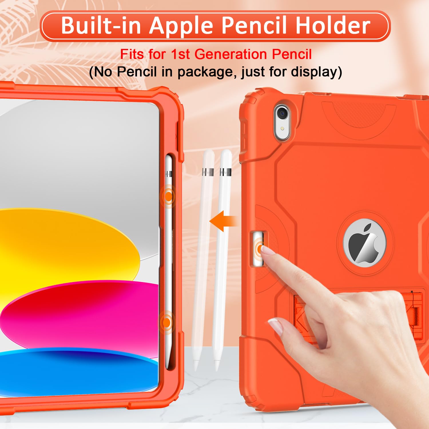Cantis Heavy Duty Shockproof Rugged Case For Ipad 10Th Gen 10.9 Inch 2022, Orange With Kickstand & Pencil Holder