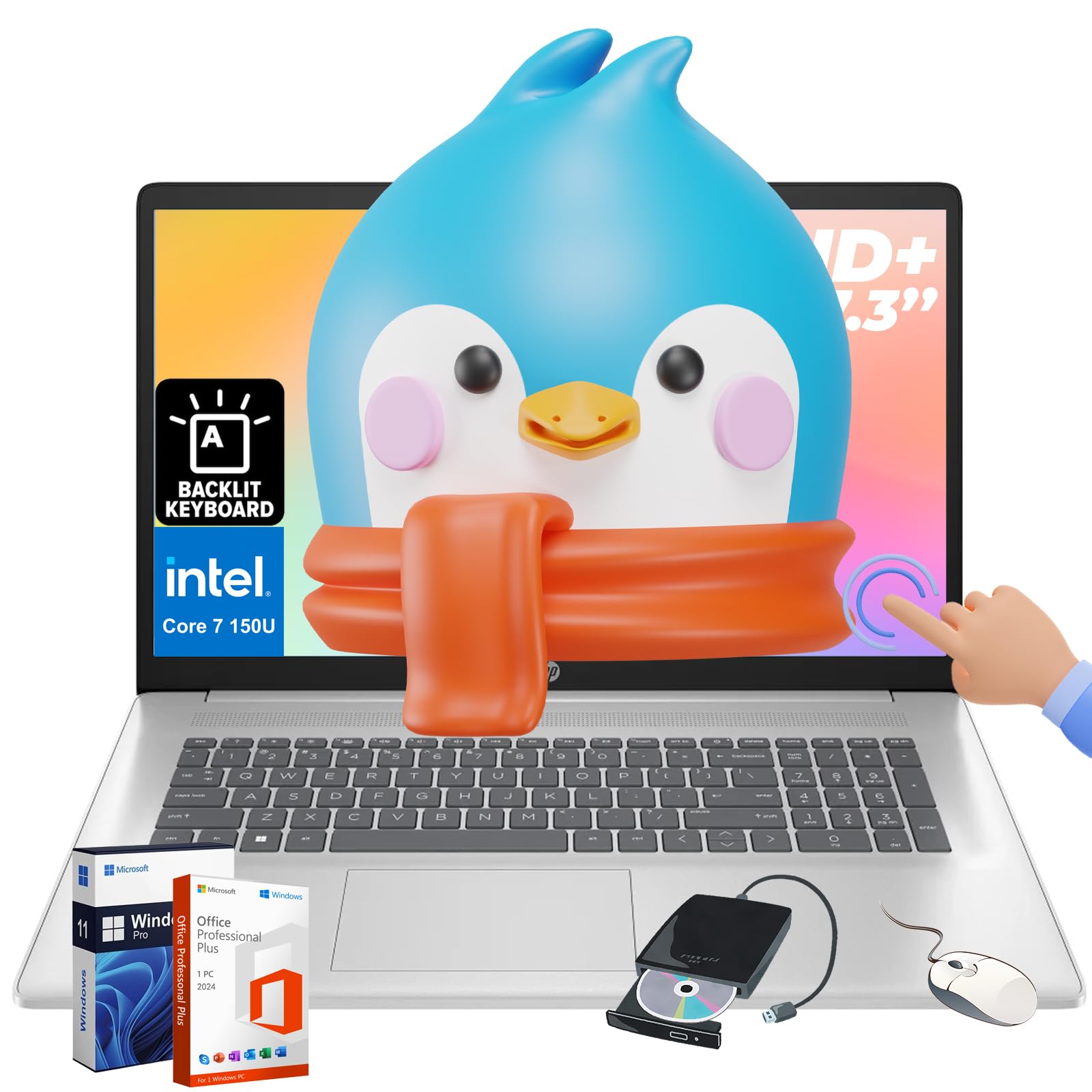 Hp Premium 17.3-Inch Touchscreen Laptop - W/Office Lifetime & Cd/Dvd Drive, Hd+ Brightview Display, Intel 7 150U(Up To 5.4Ghz) B