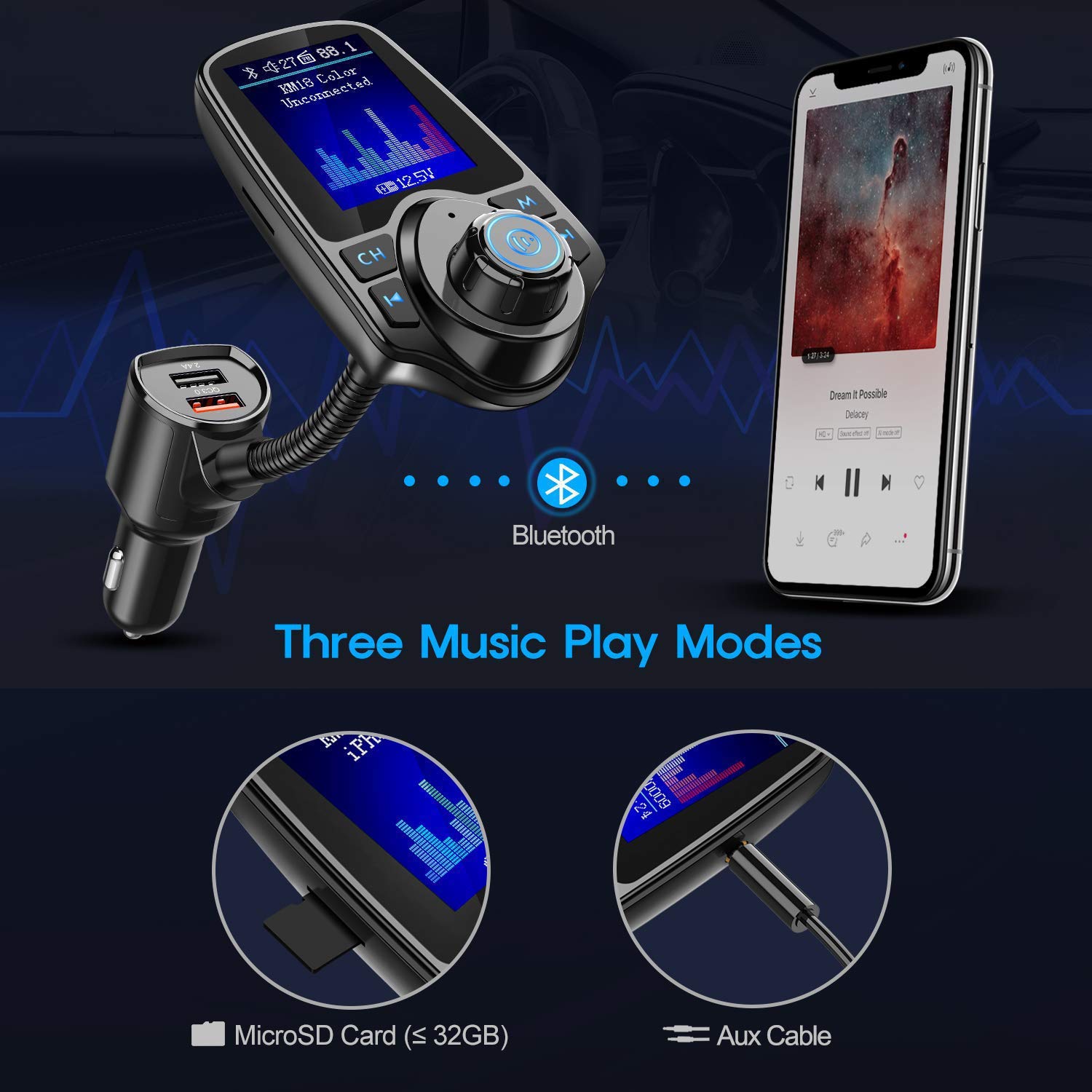 Nulaxy Wireless In Car Bluetooth Fm Transmitter Radio Adapter Car Kit W 1.8 Inch Display Supports Tf Sd Card And Usb Car Charger For All Smartphones Audio Players Km18 Color