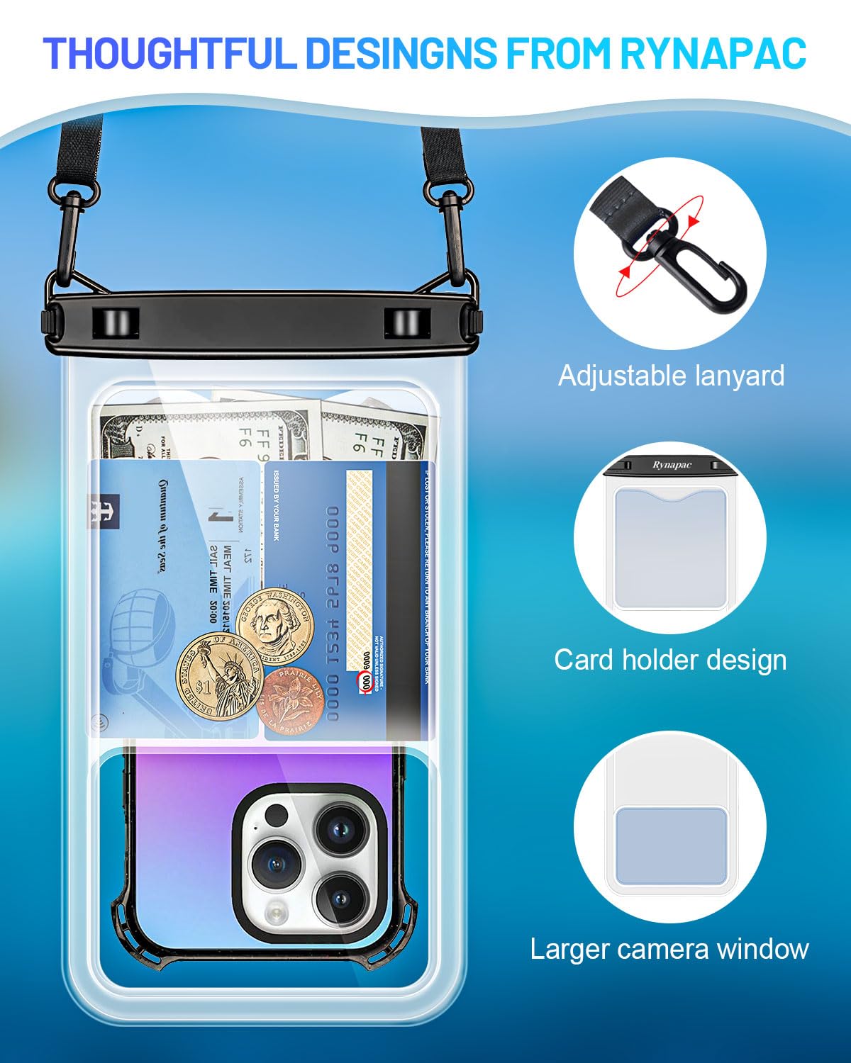 Rynapac Waterproof Phone Pouch   8.5In Waterproof Phone Case With Lanyard, Ipx8 Cell Phone Dry Bag Beach Essentials For Iphone 1