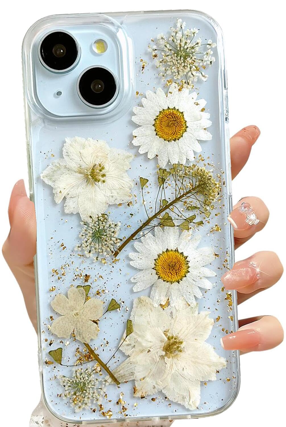 Lseeka For Iphone 13 / Iphone 14/ Iphone 15 Clear Case With Pressed Real Flowers Design,Glitter Cute White Floral Pattern Soft T