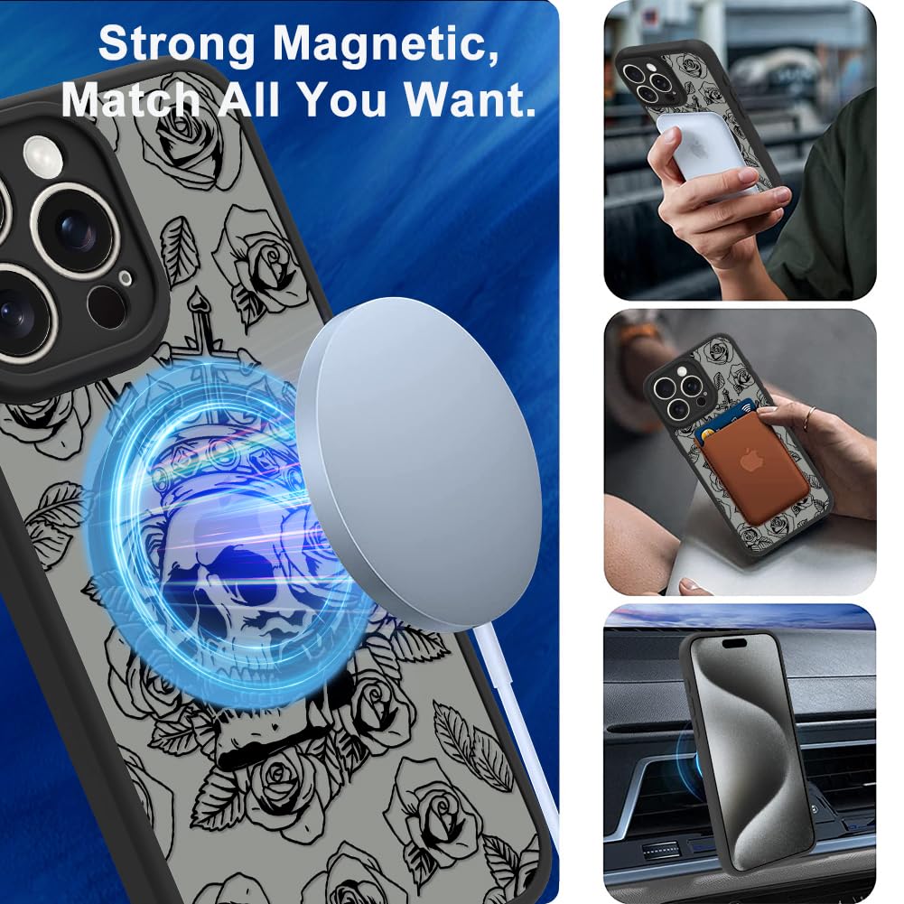 Ook Magnetic For Iphone 15 Pro Max Case Black Skull Flower [Compatible With Magsafe] Slim Translucent Matte Camera Lens Protecti
