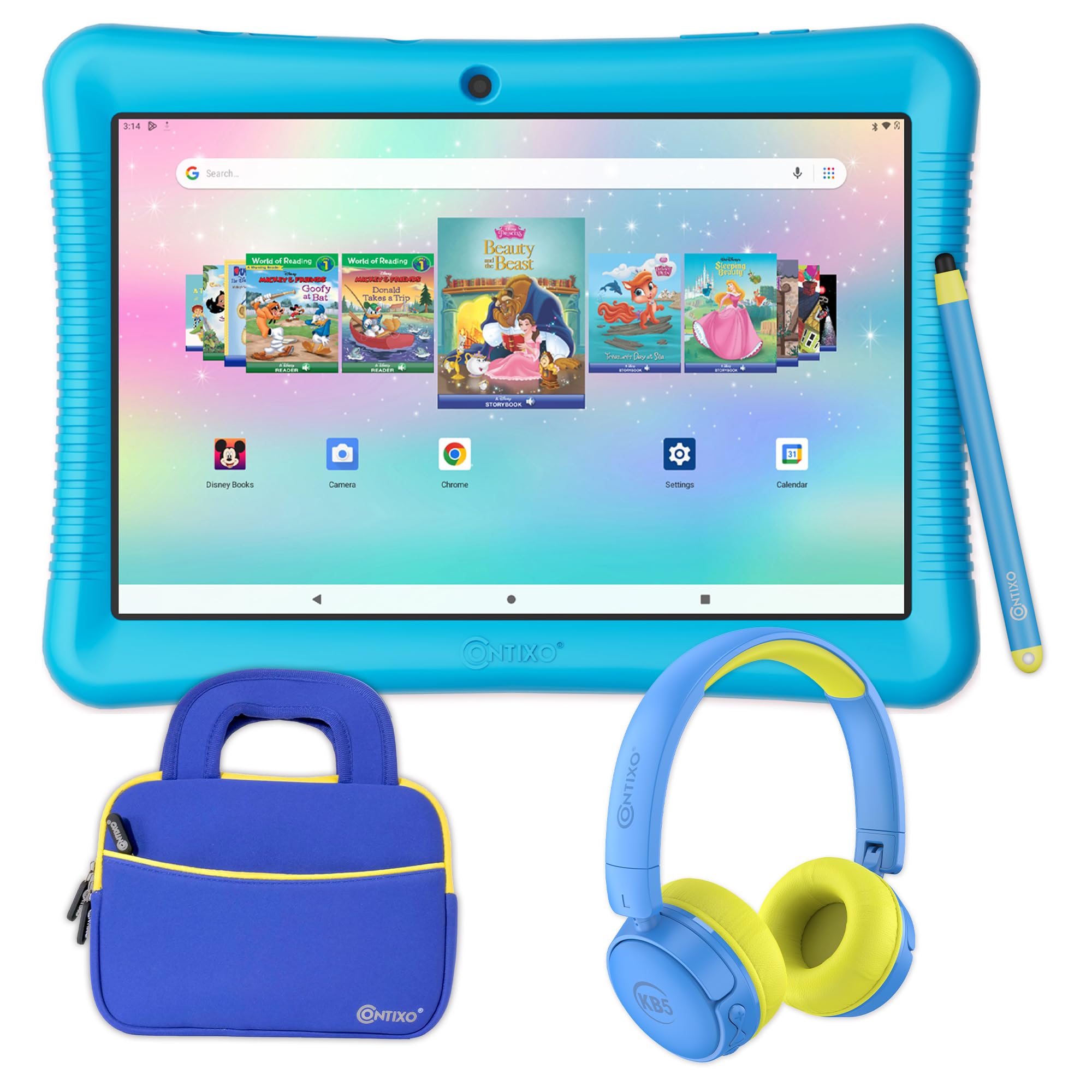 Contixo 10' Android Kids Tablet 32Gb Bundle   80+ Disney Storybooks & Stickers, Parental Controls, Kid Proof Case, Kickstand & Stylus, Headphone & Sleeve Bag (2024 Model)   Blue