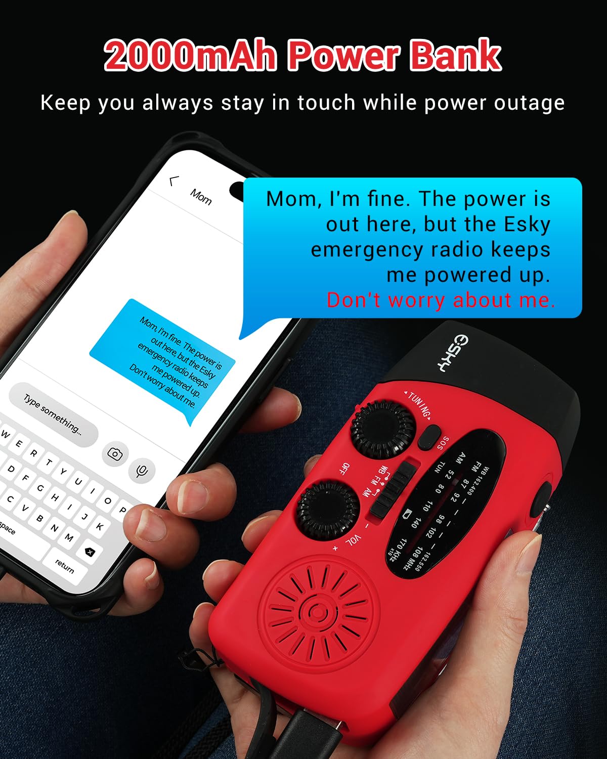Esky Emergency Hand Crank Radio With 3 Led Flashlight, Am/Fm/Noaa Portable Weather Radio With 2000Mah Power Bank Phone Charger,