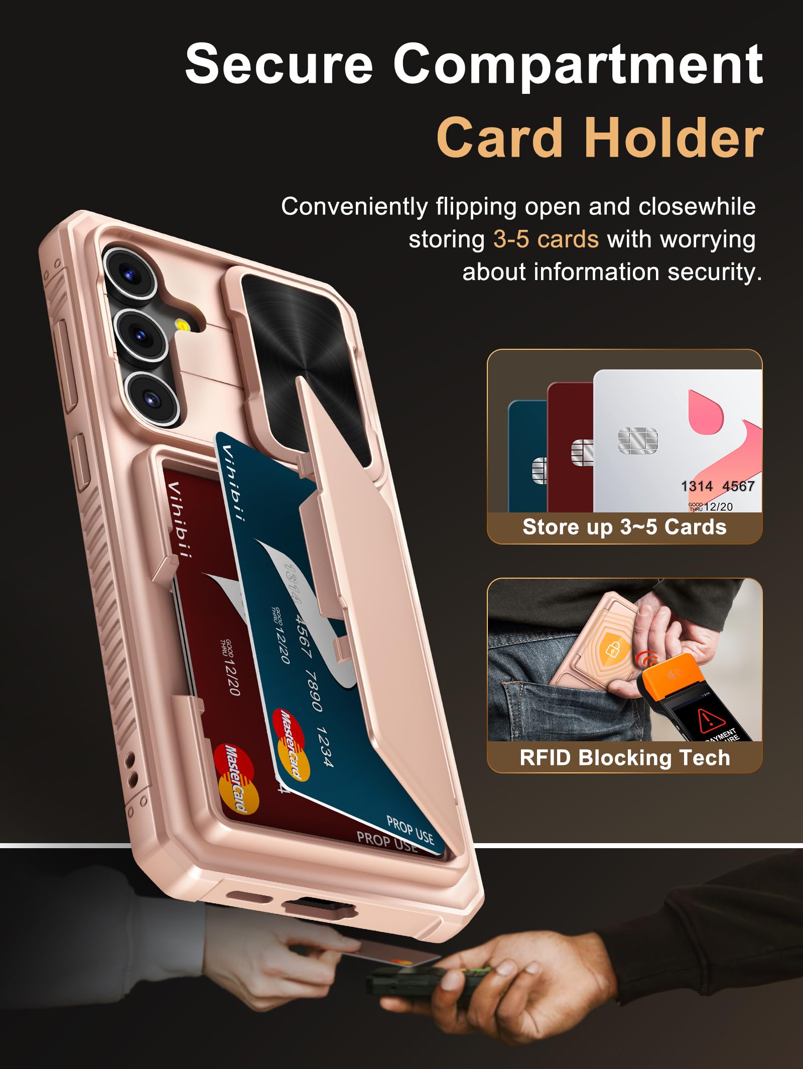 Vihibii For Samsung Galaxy S24 Fe Case With Slide Camera Protection Cover, Built In Card Holder (4 Cards) & Kickstand, Shockproo