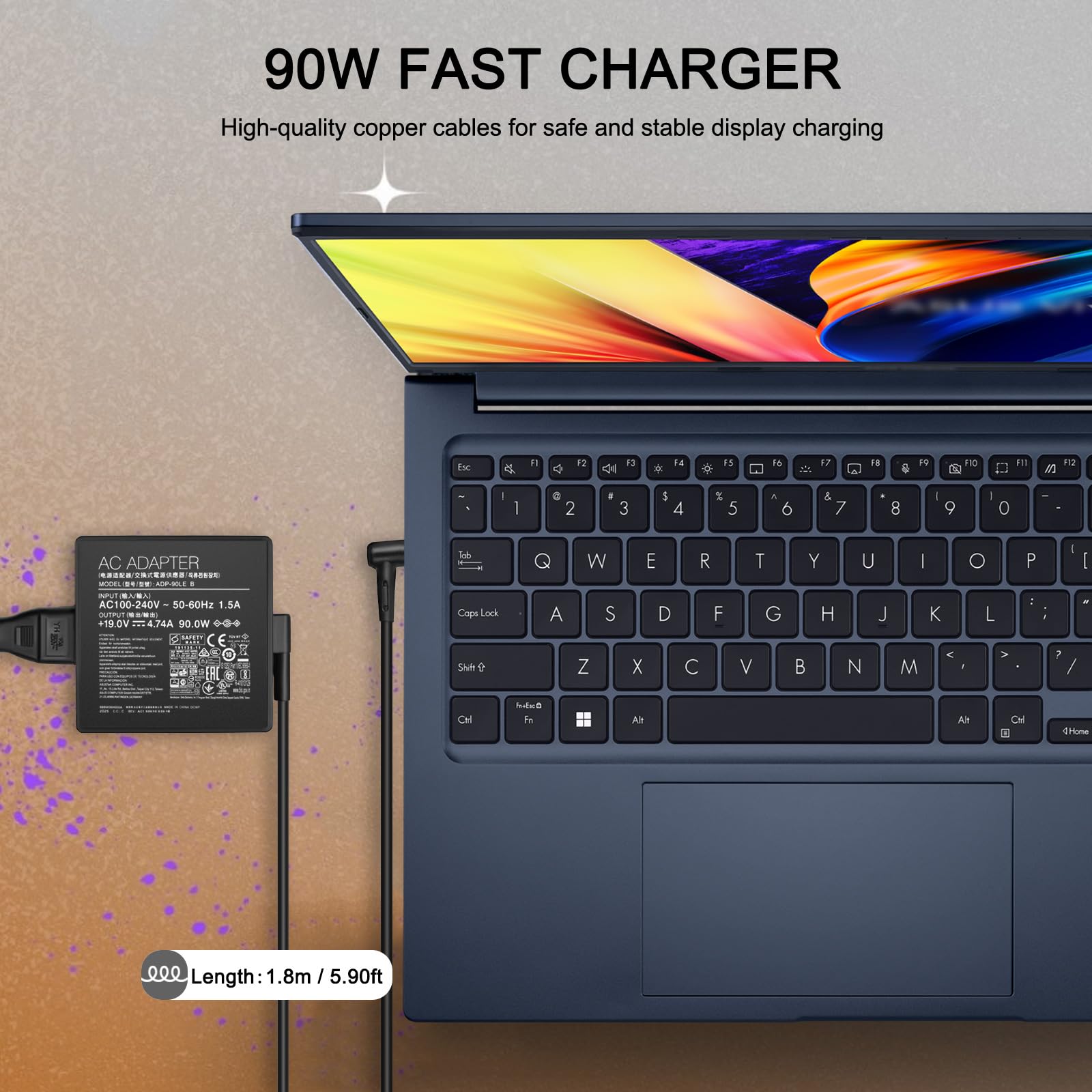 90W Laptop Charger For Asus Vivobook 15X 14X 16X 17X K1703Z M1703Q M1603Q D1603Q Y1603C Asus Expertbook B1500 P2451F P751J Asus Q529Z Q524U Q534U Ux533F Ux480F Power Cord Adp 90Le B