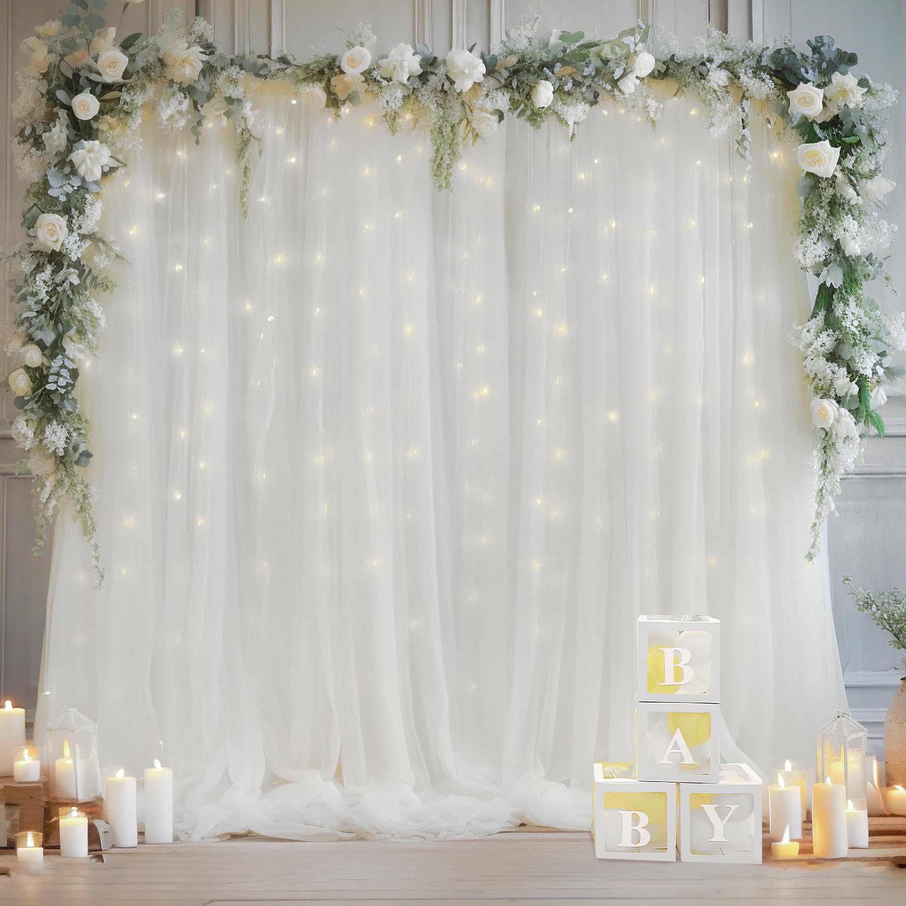 10  10Ft White Tulle Backdrop Curtain With Lights String For Parites, Sheer Curtain Backdrop Drapes For Wedding Party Home Decor