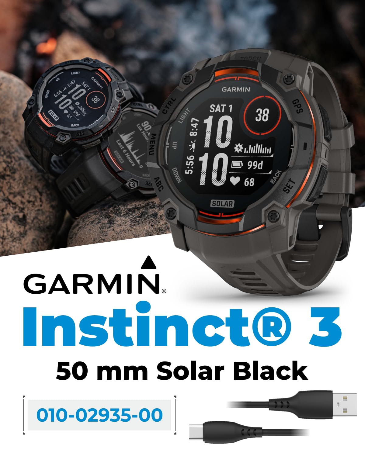 Wearable4U Garmin Instinct 3 Solar 50 Mm, Rugged Outdoor Gps Smartwatch, Built In Flashlight, Up To 40 Days Of Battery Life, Bla