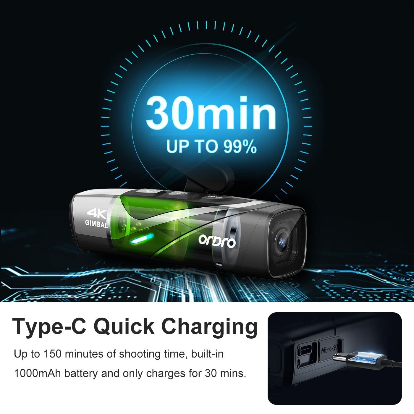 Ordro Ep8 4K Head Mounted Video Camera, Ultra Hd 4K 60Fps Camcorder Vlog Hands Free Wearable Camera, Has 2 Axis Gimbal Video Stabilizer, Wi Fi App, Auto Focus With Remote Control,64G Micro Card