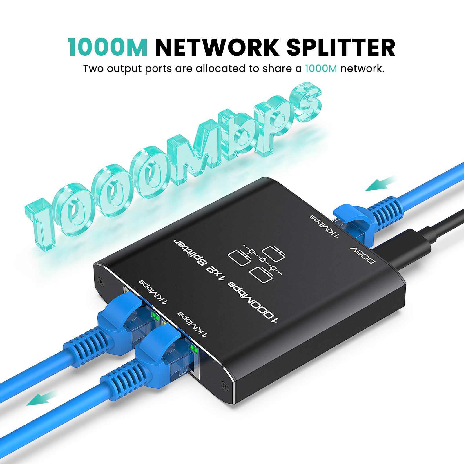 Ethernet Splitter 1 To 2, High Speed Gigabit 1000Mbps, Lan Network Splitter With Usb Power Cable, Gigabit Rj45 Internet Ethernet