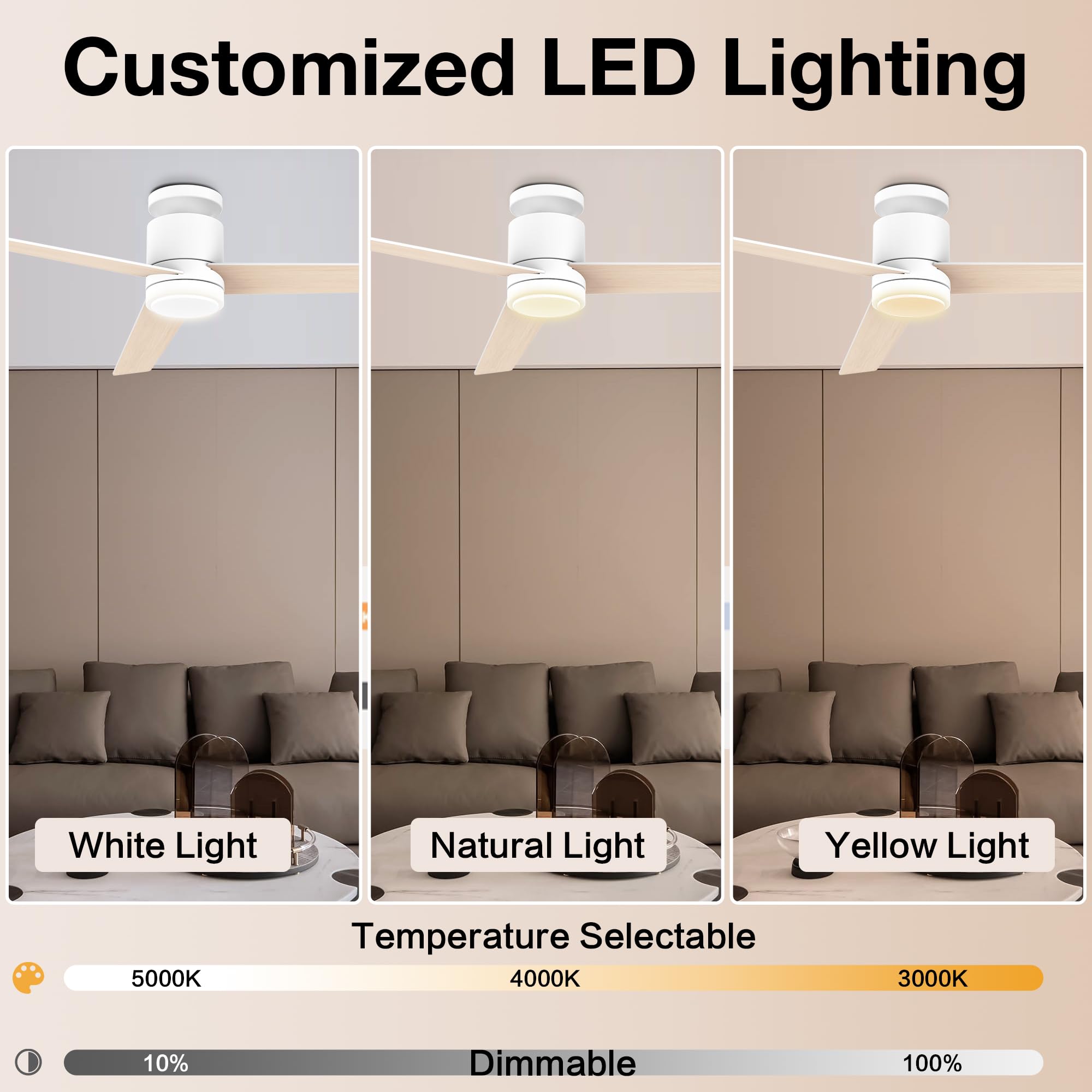 Lorpies 52 Inch Smart Flush Mount Ceiling Fans With Lights Remote,Quiet Dc Motor,Outdoor Indoor Low Profile Ceiling Fan,Voice Co