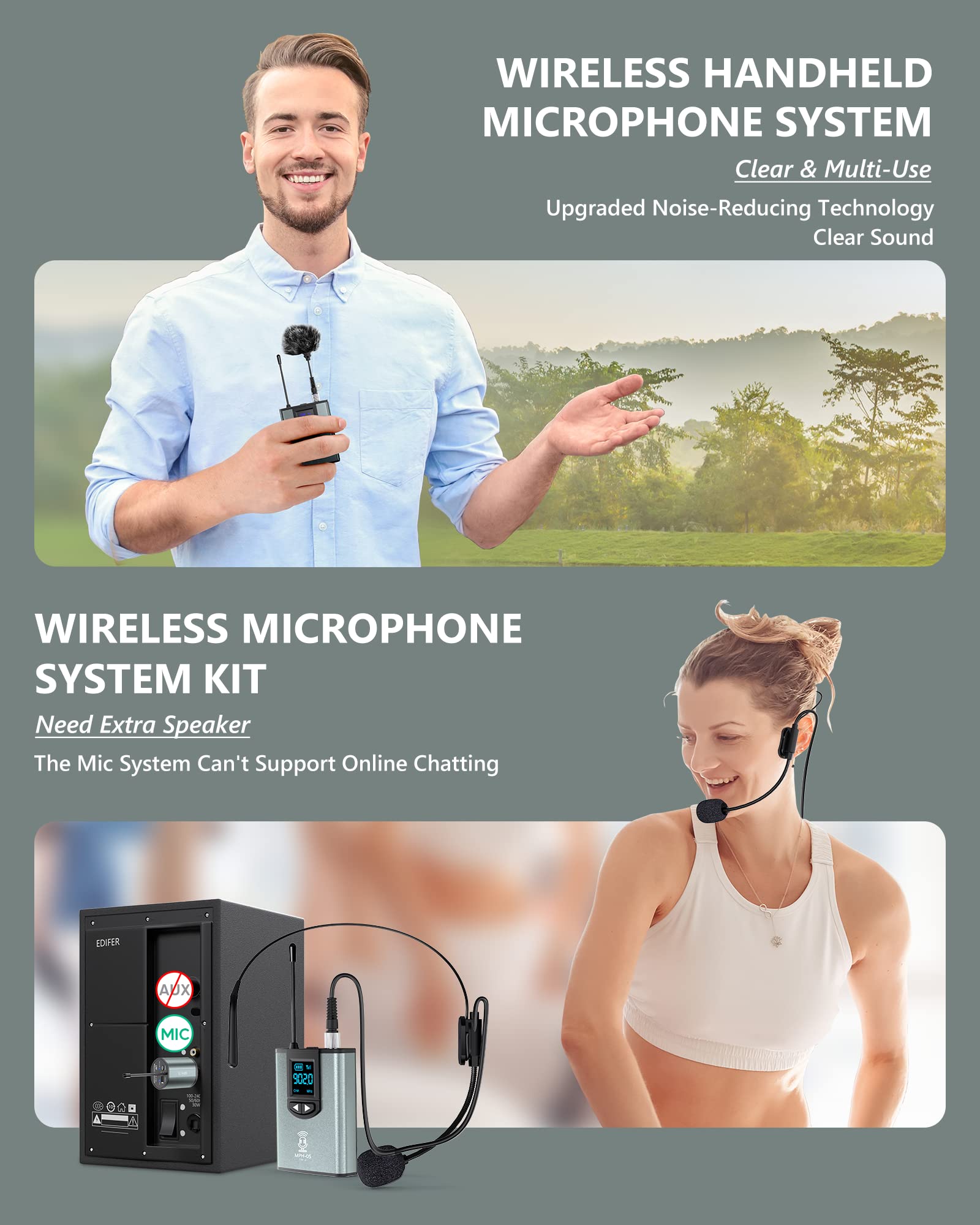 Wireless Microphone System Headset Mic/Stand Mic/Lavalier Lapel Mic With Rechargeable Bodypack Transmitter & Receiver 1/4'' Outp