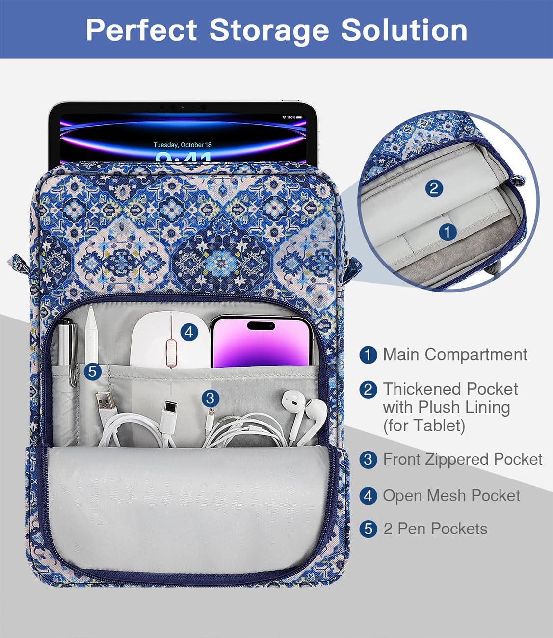 MoKo 9 11 Inch Tablet Sleeve Bag Handle Carrying Case with Shoulder Strap Fits New 11 inch iPad Pro M4/iPad Air M2, iPad 10th 10.9, iPad 9/8/7th 10.2, iPad Air 5/4th 10.9, Tab S8/S9 11, Blue Bohemia