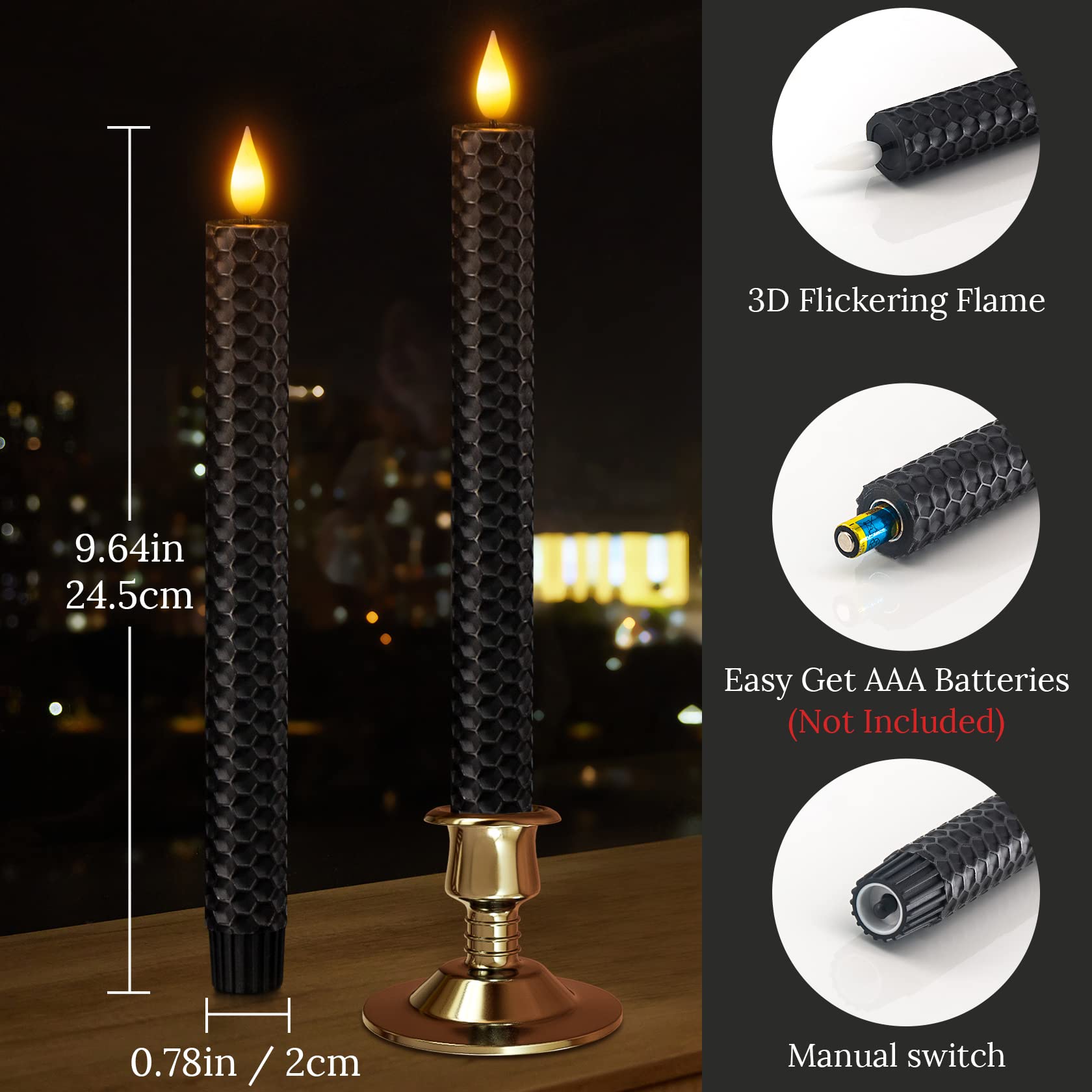 Soulbay Black Flameless Taper Candles, 9.7'' Battery Operated Real Wax Honeycomb Led Window Candle Sticks With Remote & Timer, F