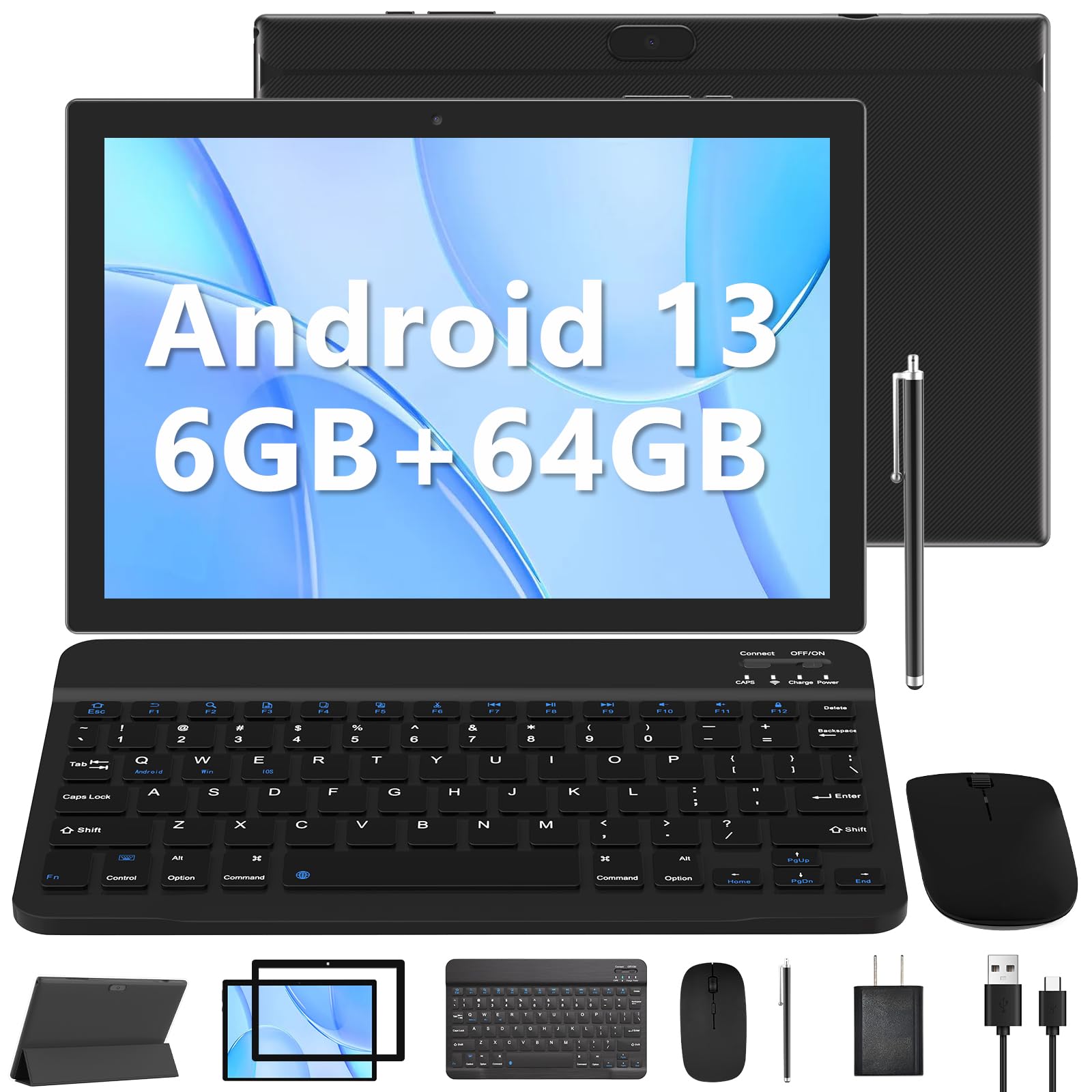 Tablet 2 In 1 6Gb+64Gb Tablet, 10 Inch Android 13 Tablet Set, Tablets With Keyboard Case Mouse Stylus Screen Flim, Ddr4 5G Wi Fi