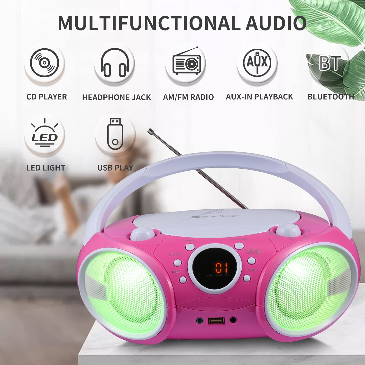 Singing Wood 030Btl, Cd Player Boombox Cd/Cd R/Cd Rw, Portable W/Bluetooth, Usb, Am/Fm Radio, Aux Input, Headset Jack, Foldable