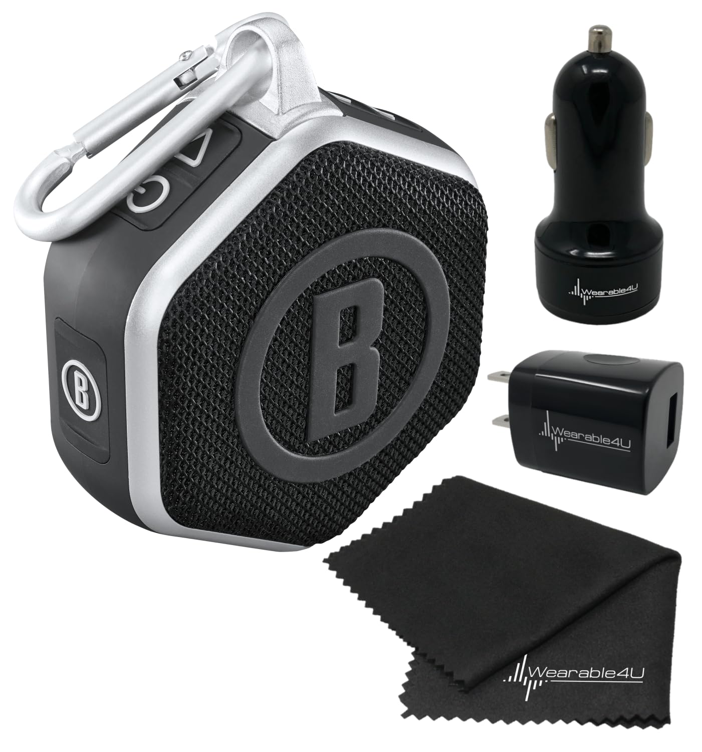 Bushnell Wingman Mini Black/Silver GPS Bluetooth Speaker with Wearable4U Cleaning Cloth and Wall/Car Chargers Bundle