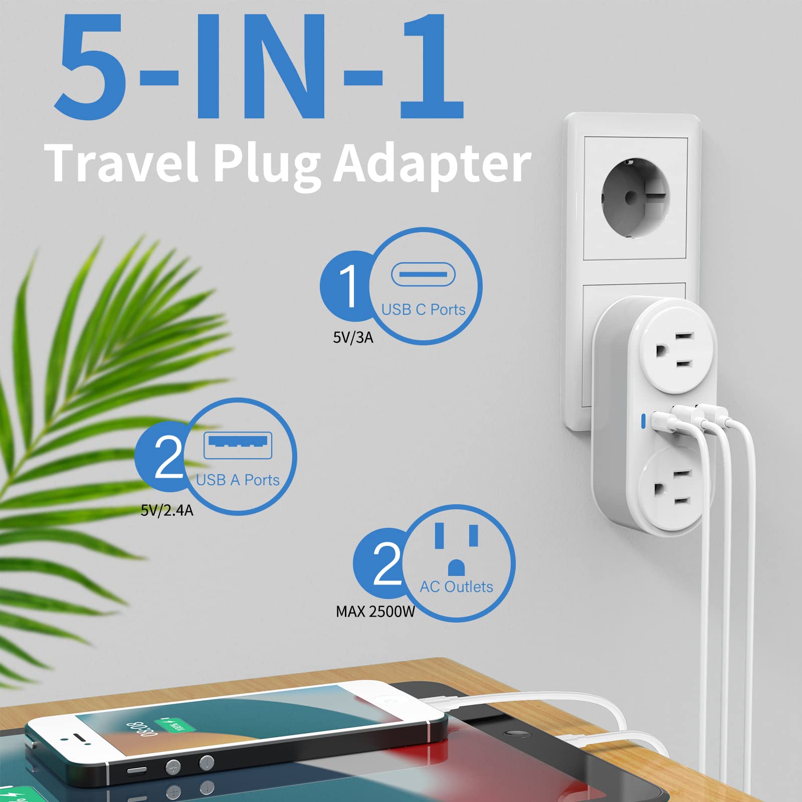 European Travel Plug Adapter For Europe & Uk, Chuafiur International Power Plug With 2 Ac Outlet And 3 Usb Ports, Type C Adapter