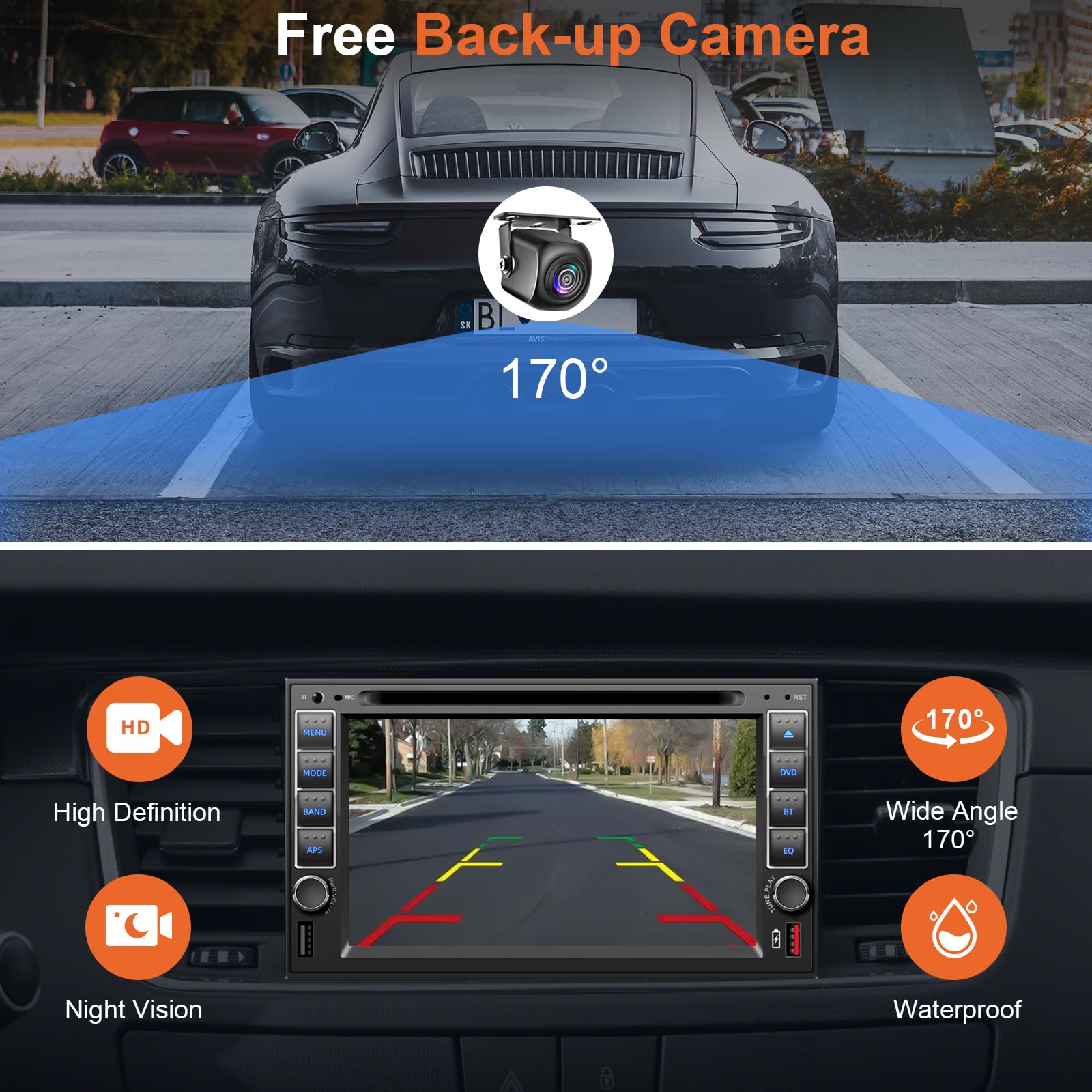 Double Din Car Stereo With Dvd/Cd Player, Car Radio With Backup Camera, Voice Control Carplay & Android Auto, Mirrorlink, Blueto