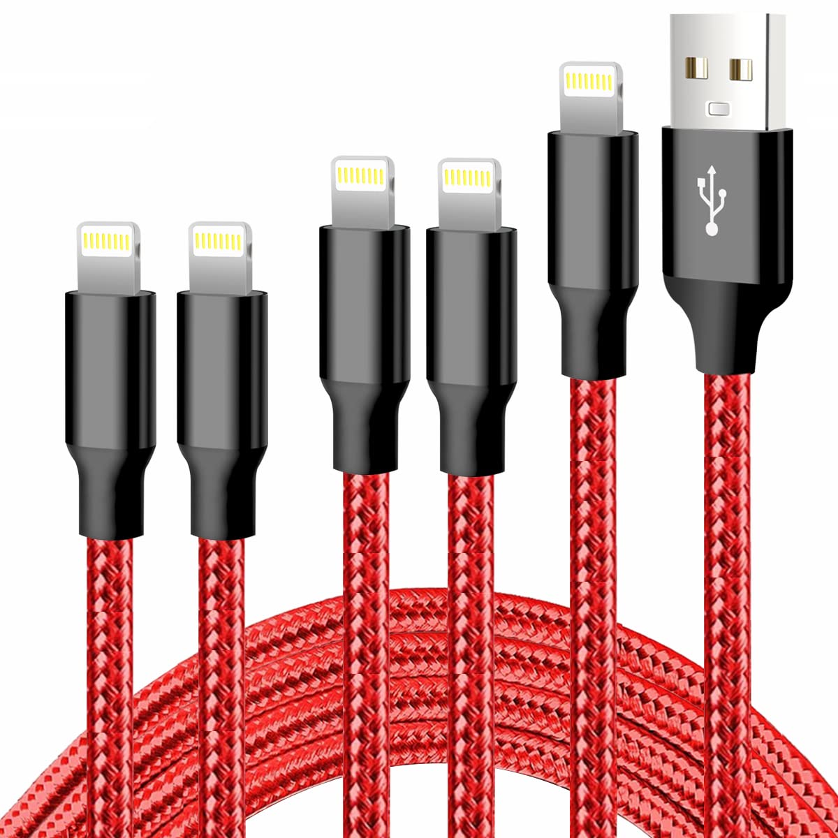 Cugunu Iphone Charger, 5 Pack 3/3/6/6/10Ft Apple Mfi Certified Usb Lightning Cable Nylon Braided Fast Charging Cord Compatible For Iphone 14/13/12/11/X/Max/8/7/6/5/Se/Plus/Ipad   Red