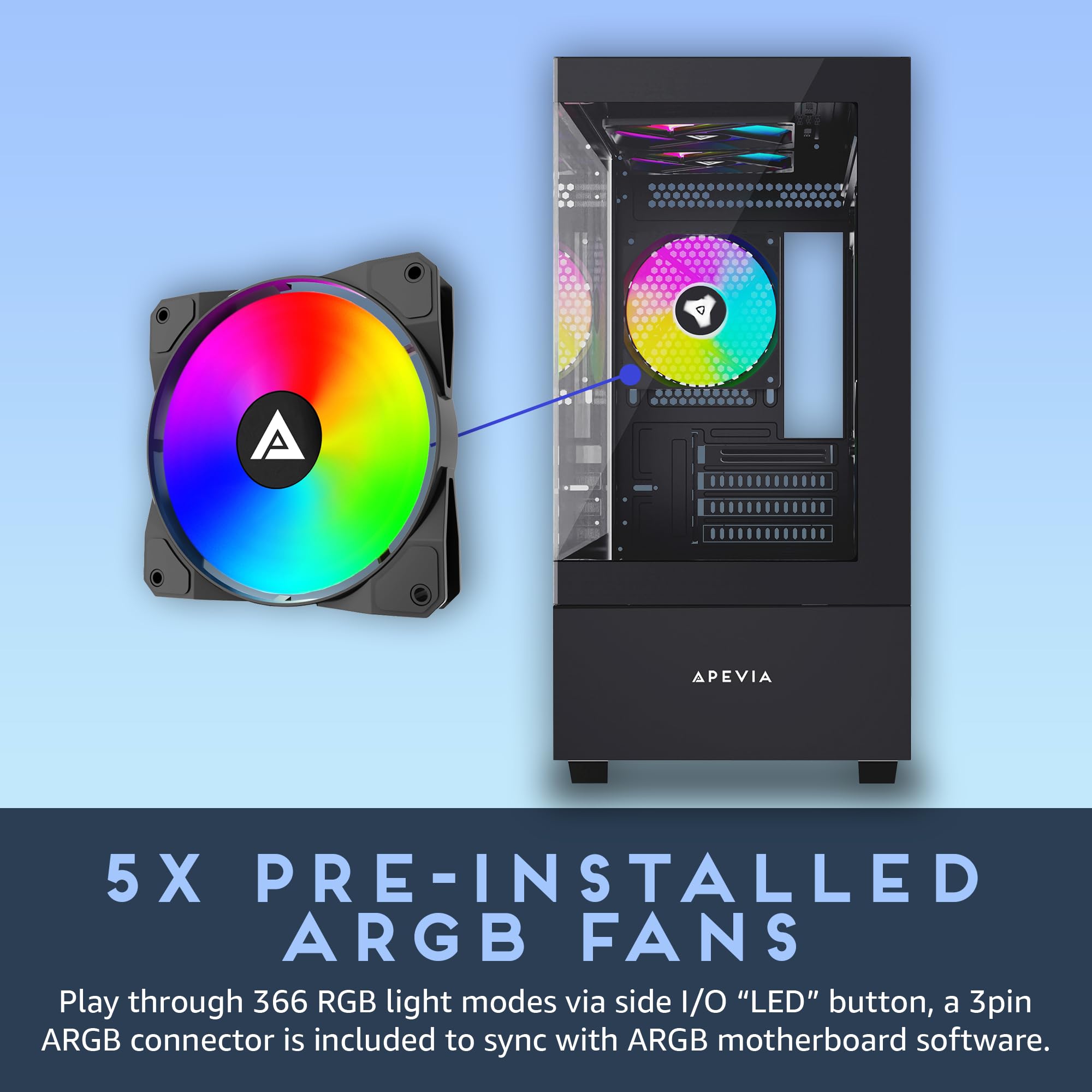 Apevia Phantom Bk Phantom Micro Atx Dual Chamber Gaming Pc Case W/ 5X 120Mm Argb Fans, 366 Rgb Modes, Dual Tempered Glass Panels