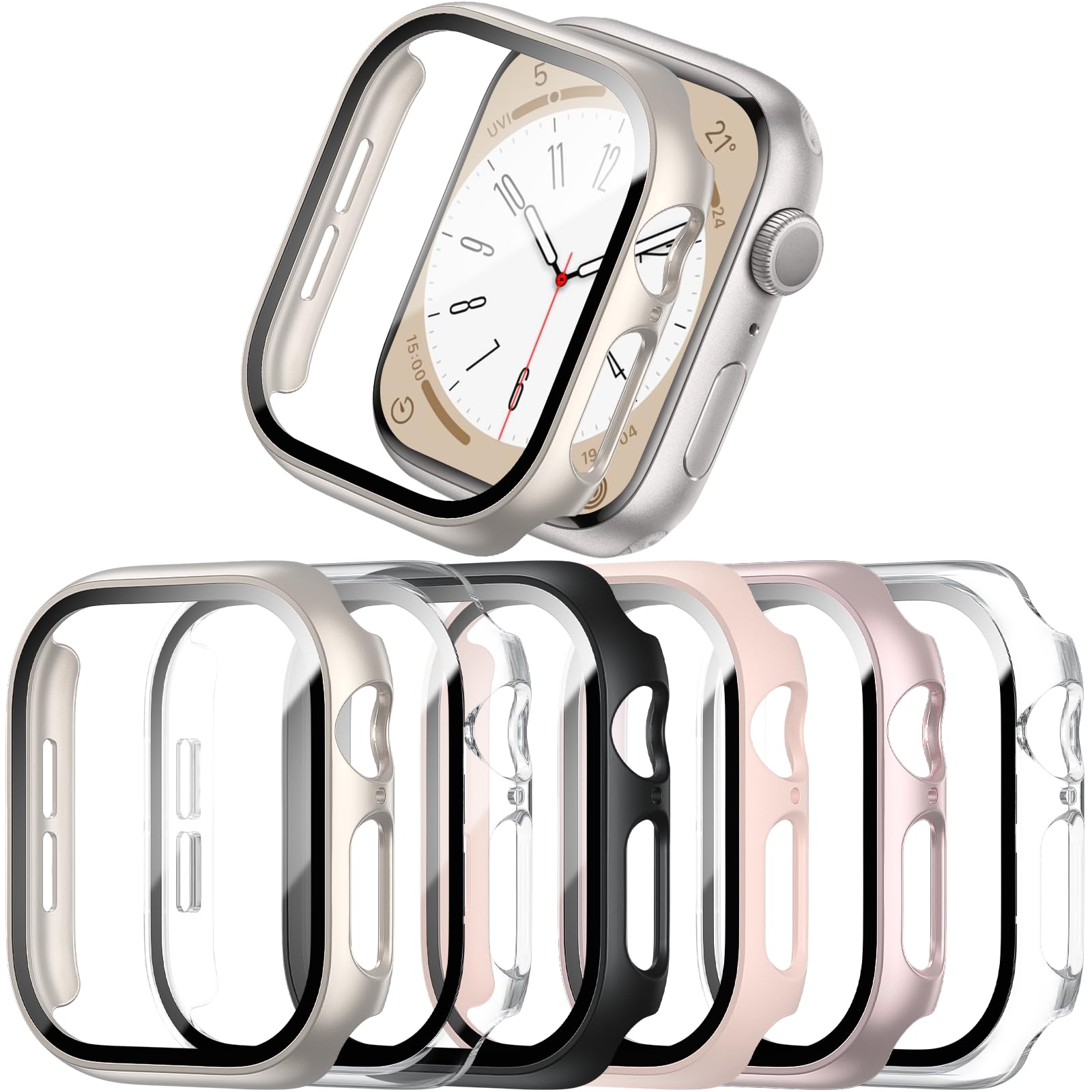Commuter 6 Pack Case With Tempered Glass Screen Protector For Apple Watch 45Mm Series 9 Series 8 Series 7, Ultra Thin Full Cover