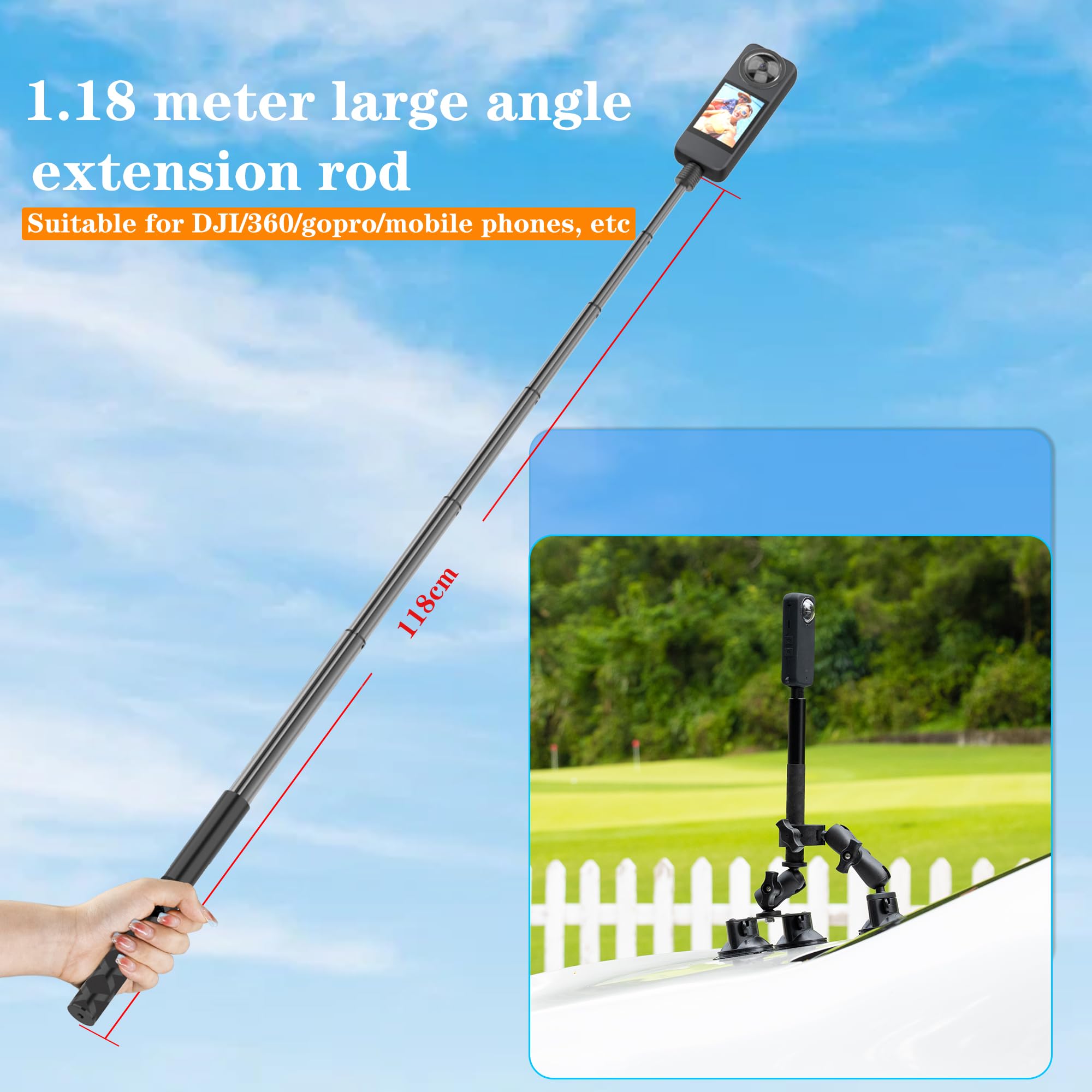 KOQEIEY Suction Cup Car Mount Kit for Insta360 & GoPro, 360° Rotation Holder for Windshield, Hood, Roof - Black, Car Suction Cups Holder