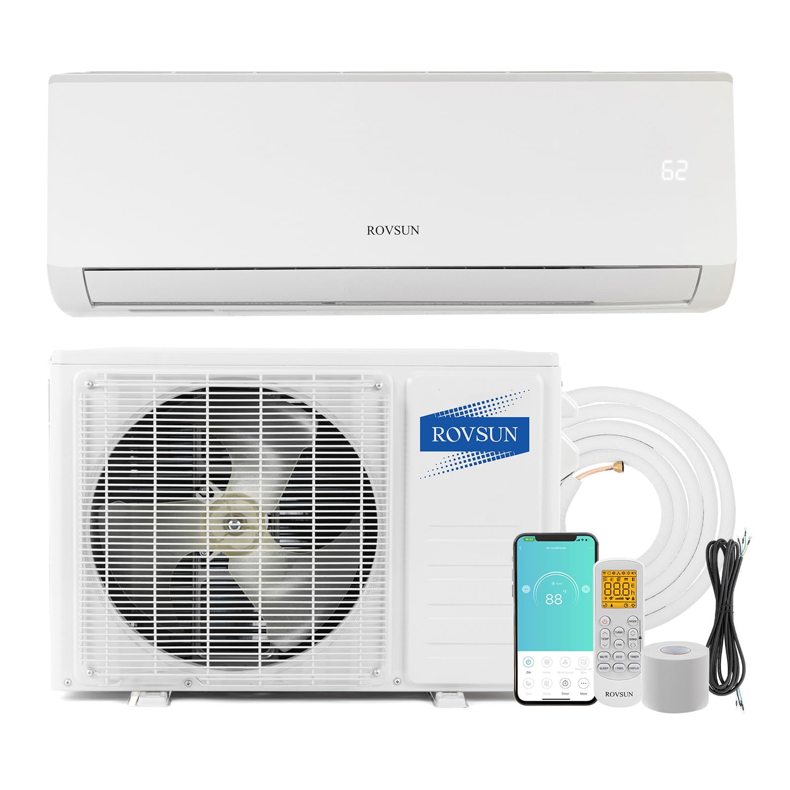Rovsun 18000 Btu 230V 19 Seer Efficient Ductless Mini Split Inverter Plus System With Heat Pump And Dehumidification, 24 Hour Ti
