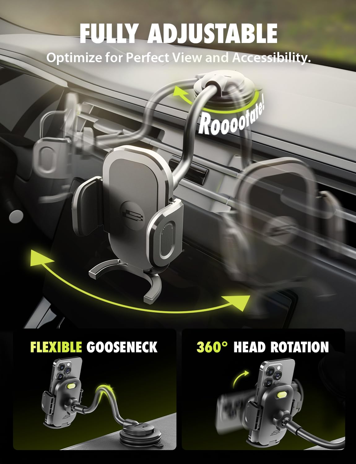 Bracketron Cell Phone Holders For Your Car, 7.5'' Flexible Gooseneck Phone Holder For Car Dashboard & Windshield, One-Hand Relea