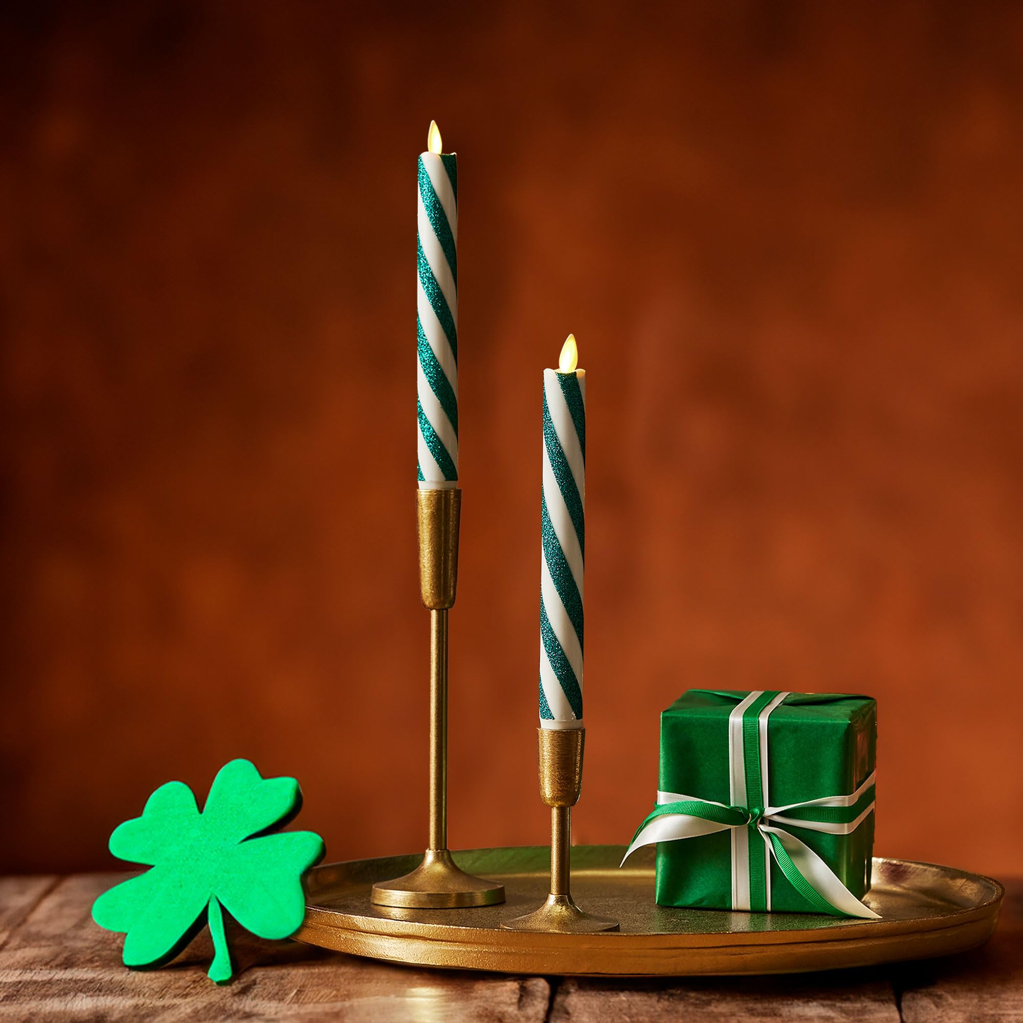 Luminara   Flameless Battery Operated Taper Candle   Candy Cane Green  Pack Of 2 1X9.75   Led Flickering Flame  Realistic Safe F