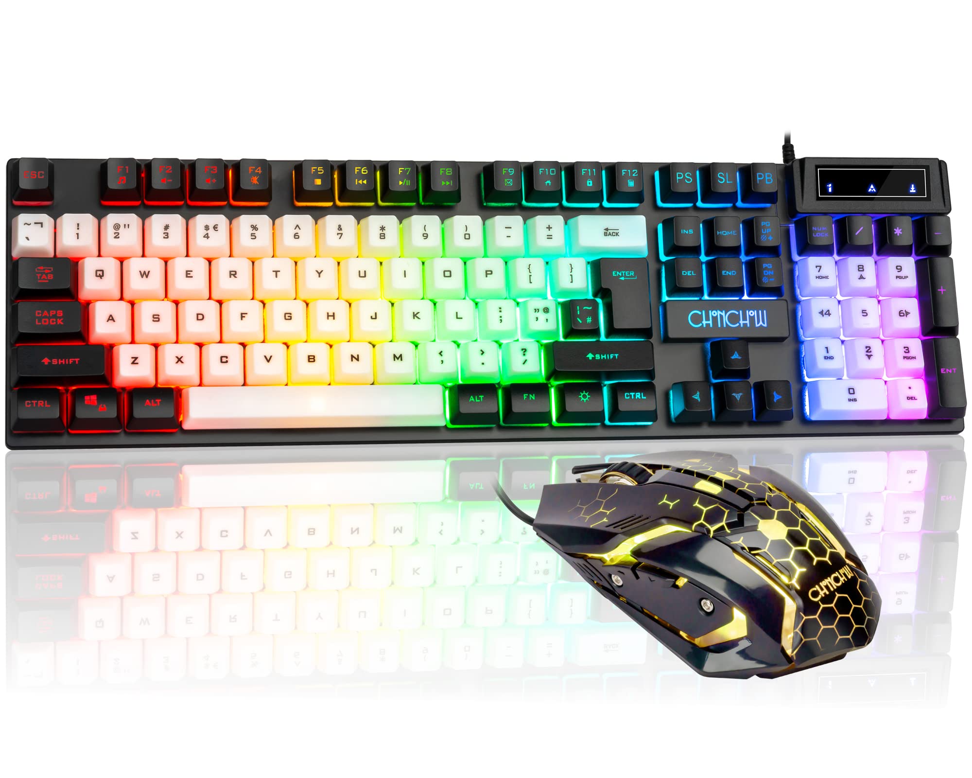 Chonchow Usb Wired Keyboad And Mouse Combo, Full Size Rainbow Led Light Up Backlit Color Gamer Keyboard And Mouse Set, Mouse And