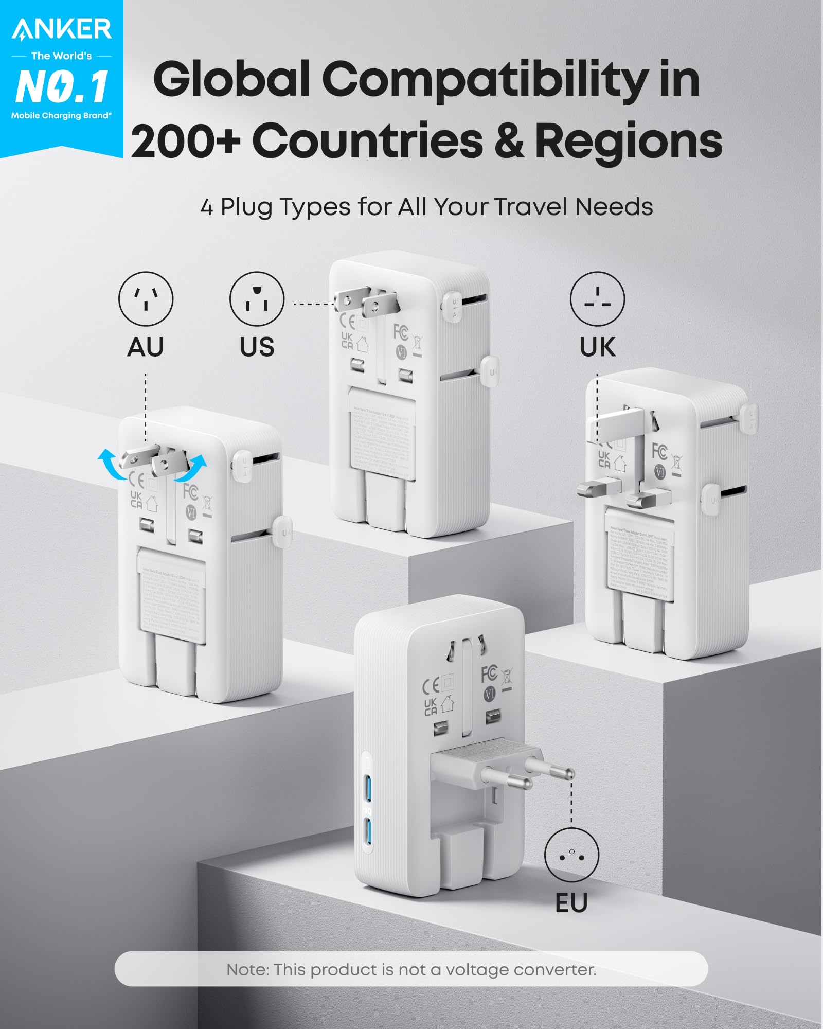 Anker Nano Travel Adapter, 5 Port Power Adapter With 1 Ac, 2 Usb A, And 2 Usb C Ports, Smart Temperature Control, Compatible Wit