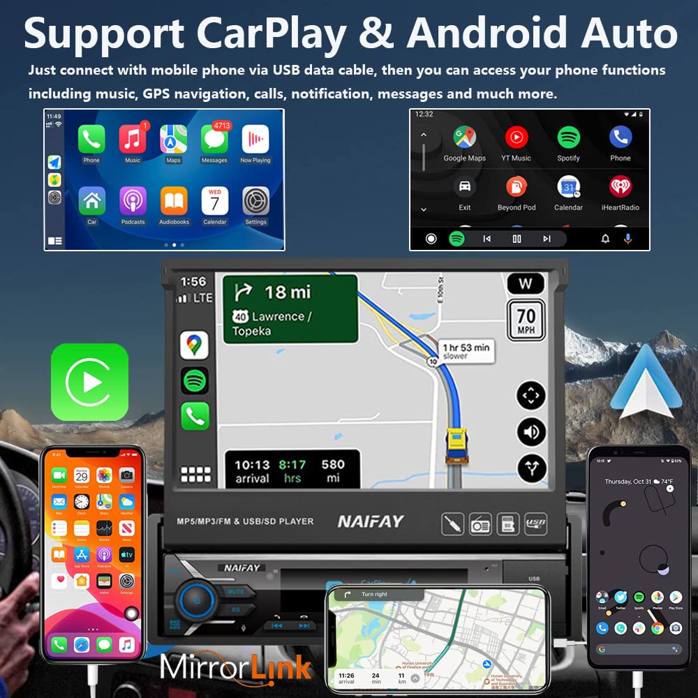 Naifay Single Din Touchscreen Car Stereo With Carplay & Android Auto, 7Inch Flip Out Screen Car Stereo With Bluetooth Car Audio