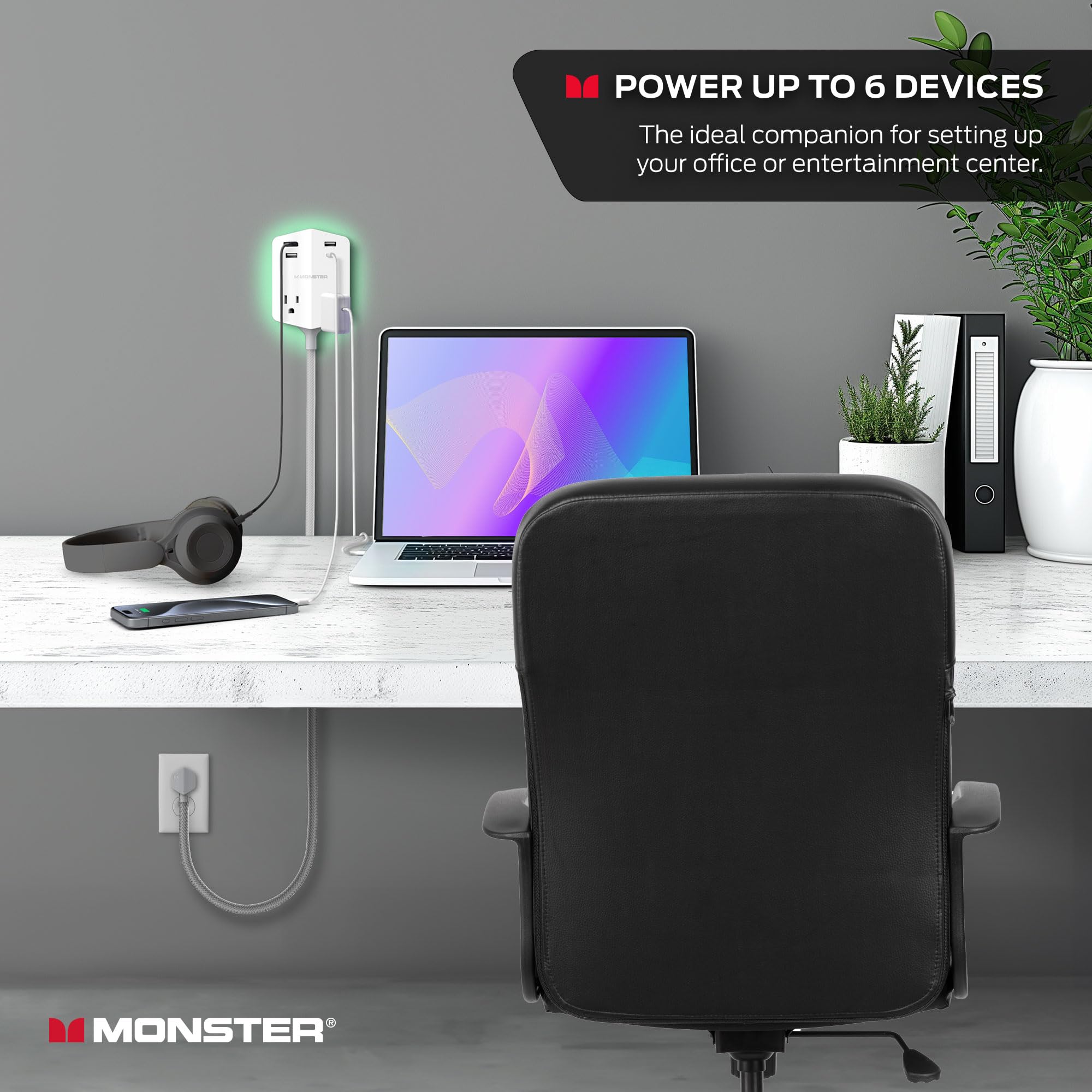 Monster Power Shield: Magnetic Wall Outlet Extender, Multiple Plug Outlet With 2 Ac Outlets, 3 Usb A Ports, & 1 Usb C Port (20W)