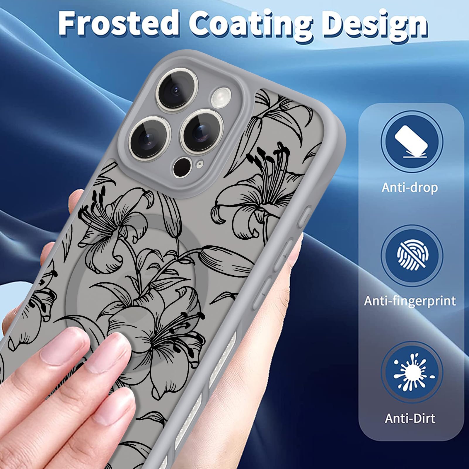 Ook Magnetic For Iphone 16 Pro Case Grey Flower Lily Pattern [Compatible With Magsafe] Slim Translucent Matte Camera Lens Protec