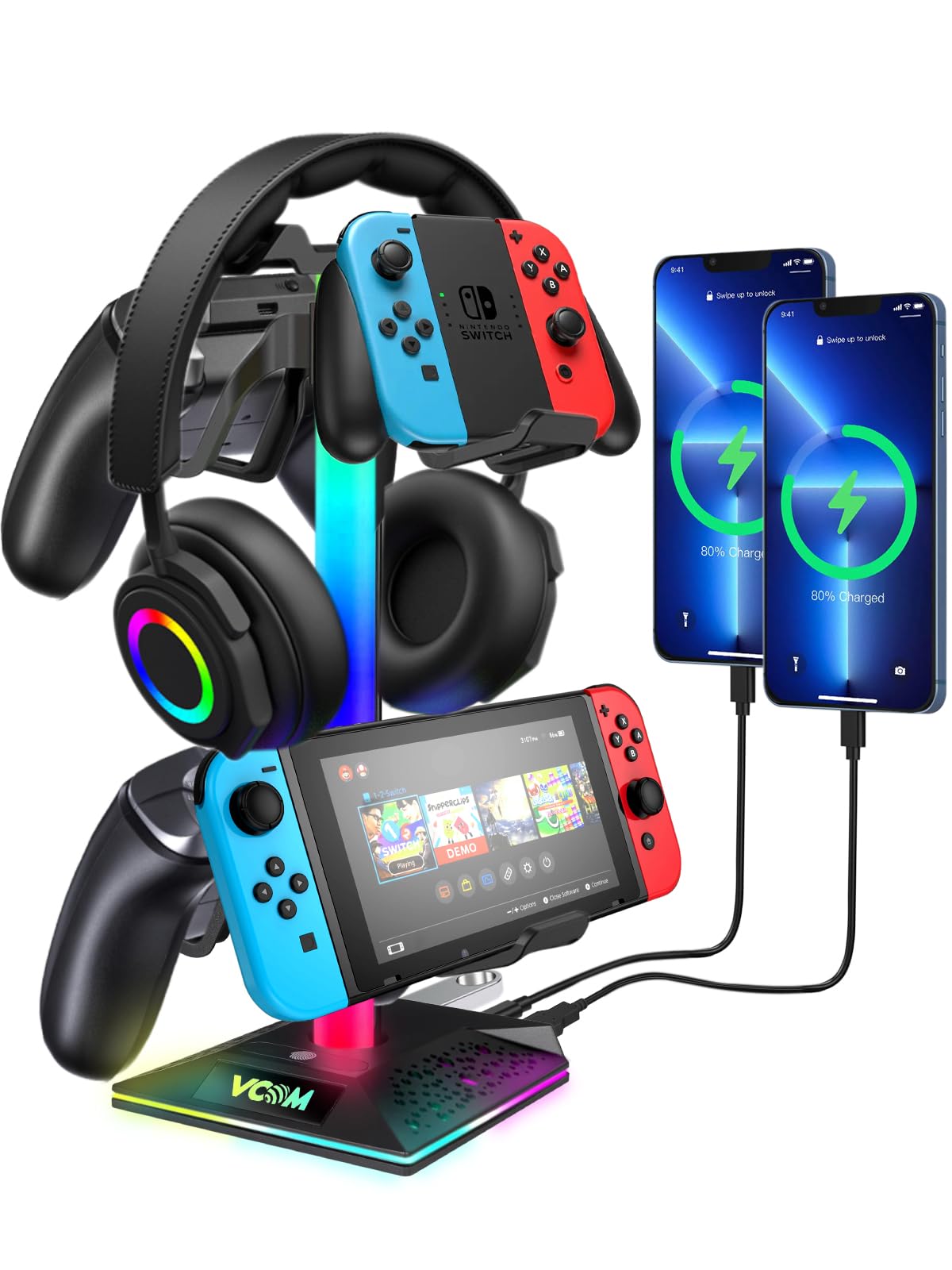 Vcom Rgb Gaming Headphones Stand With 2 Usb And 1 Type C Ports, Headset Stand With 10 Light Modes And Non Slip Rubber,Suitable F