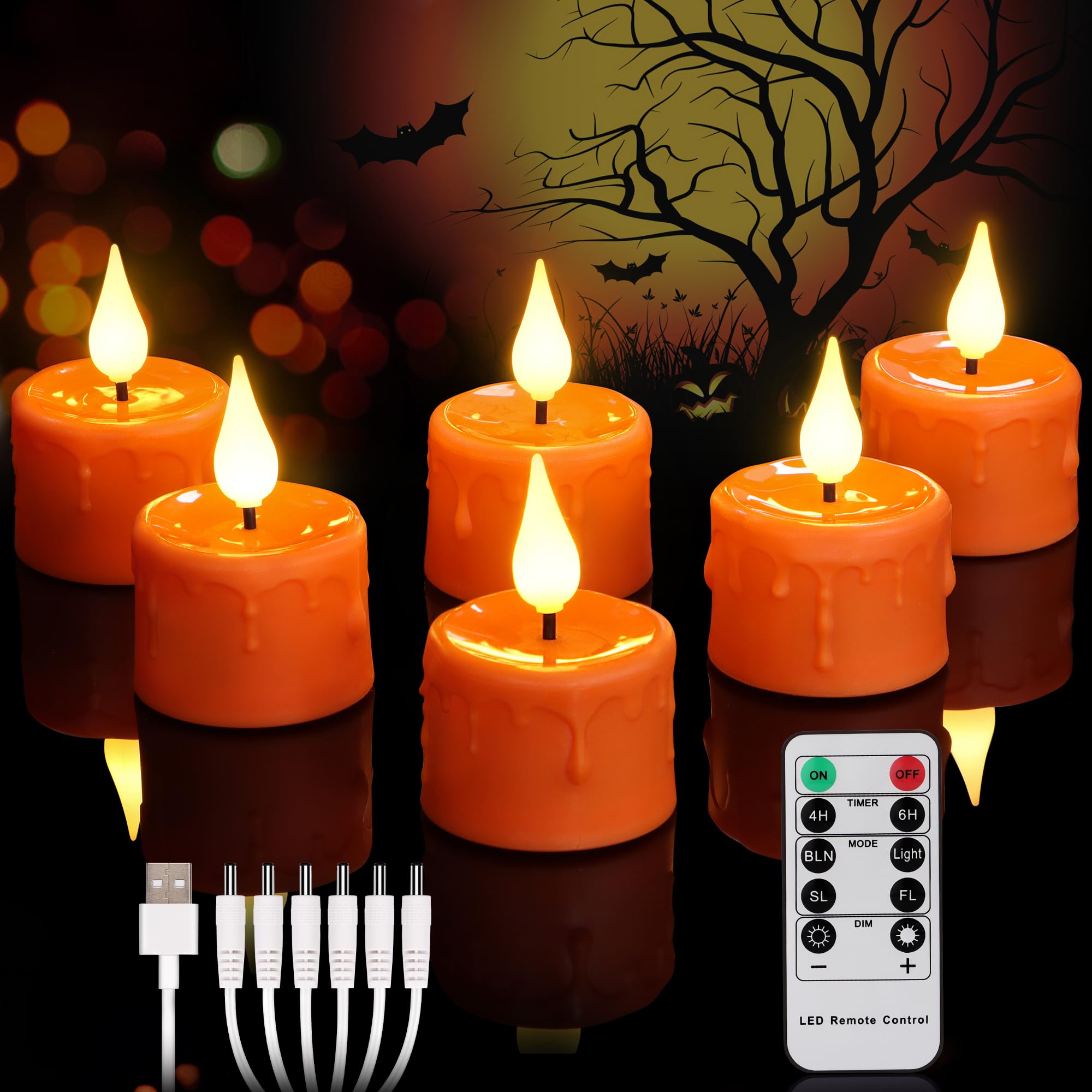 Daord 6 Pcs Halloween Orange Led Tea Light Candles Rechargeable Flickering Flameless Pumpkins Tealights With Remote For Fall Hal