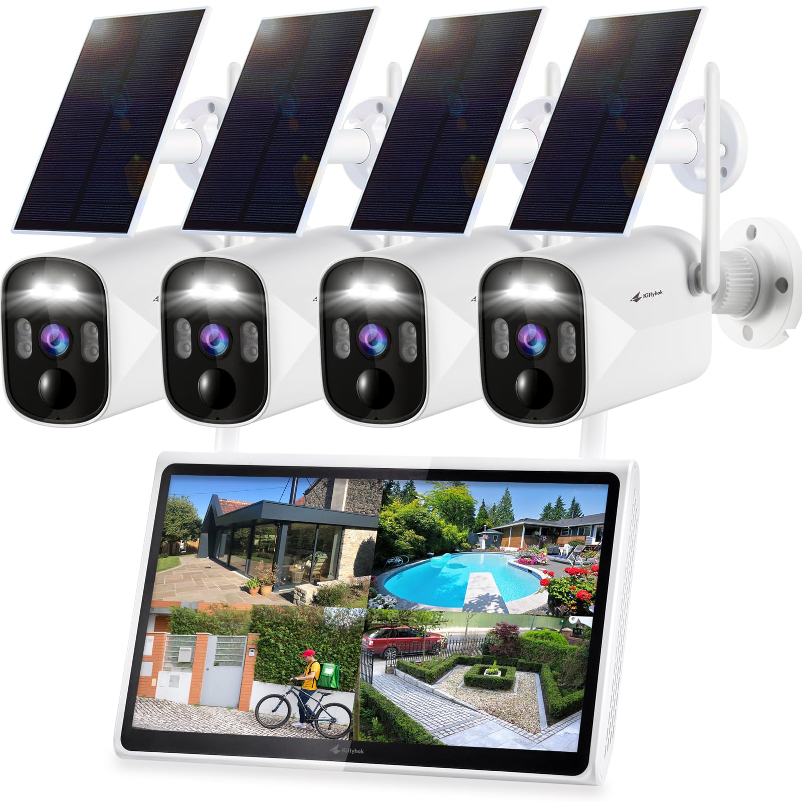 Kittyhok Solar Security Camera Outdoor System With Monitor | 4Pcs Wireless Solar Powered Security Camera, Human Detection, Spotlight, For Home Security | 10Ch Nvr, 10'' Ips Monitor, Local Storage