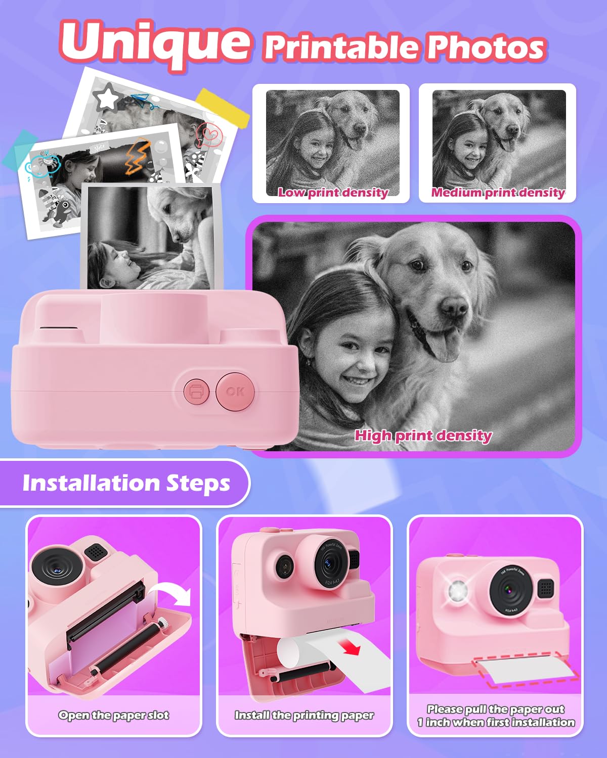 Anchioo Instant Print Camera For Kids, 2.4 Inch Screen Kids Camera For Girls With 3 Print Paper, Birthday Gift For Girls Boys Ag