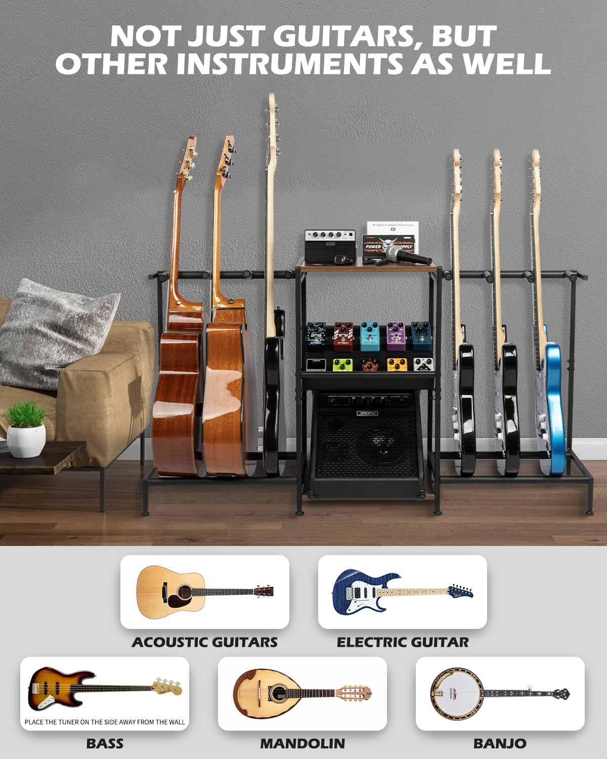 Strich Guitar Stand - Multiple Guitar Rack With Pedals Organizer For Acoustic, Electric, Bass, Amp Accessories - Display Stand F