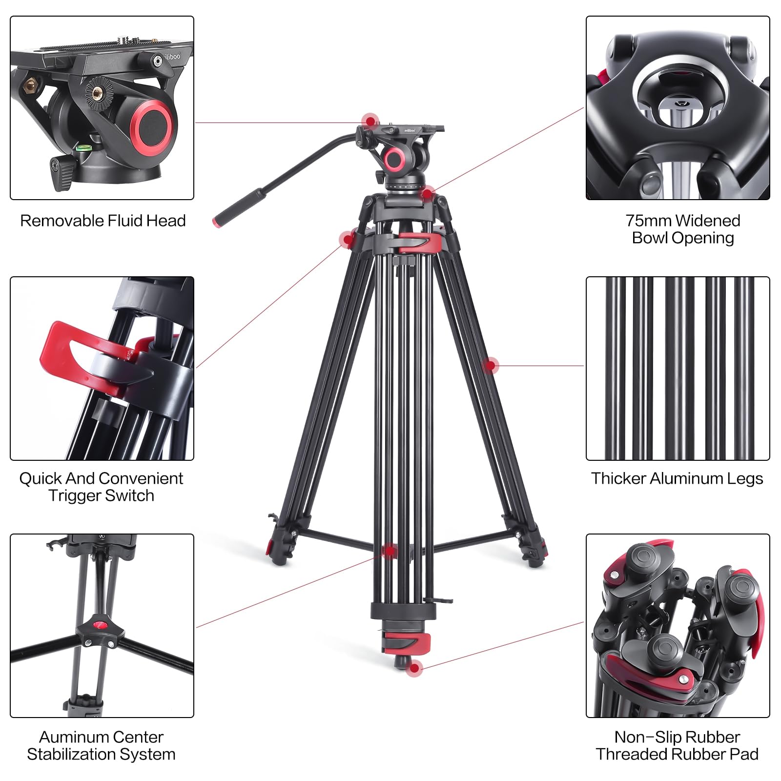 Miliboo Mtt602Ii-A Upgraded Camera Tripod Fluid Head Tripods For Camera, Max Working Height 76.4 Inches, Max Load 22Lbs, Max Tub