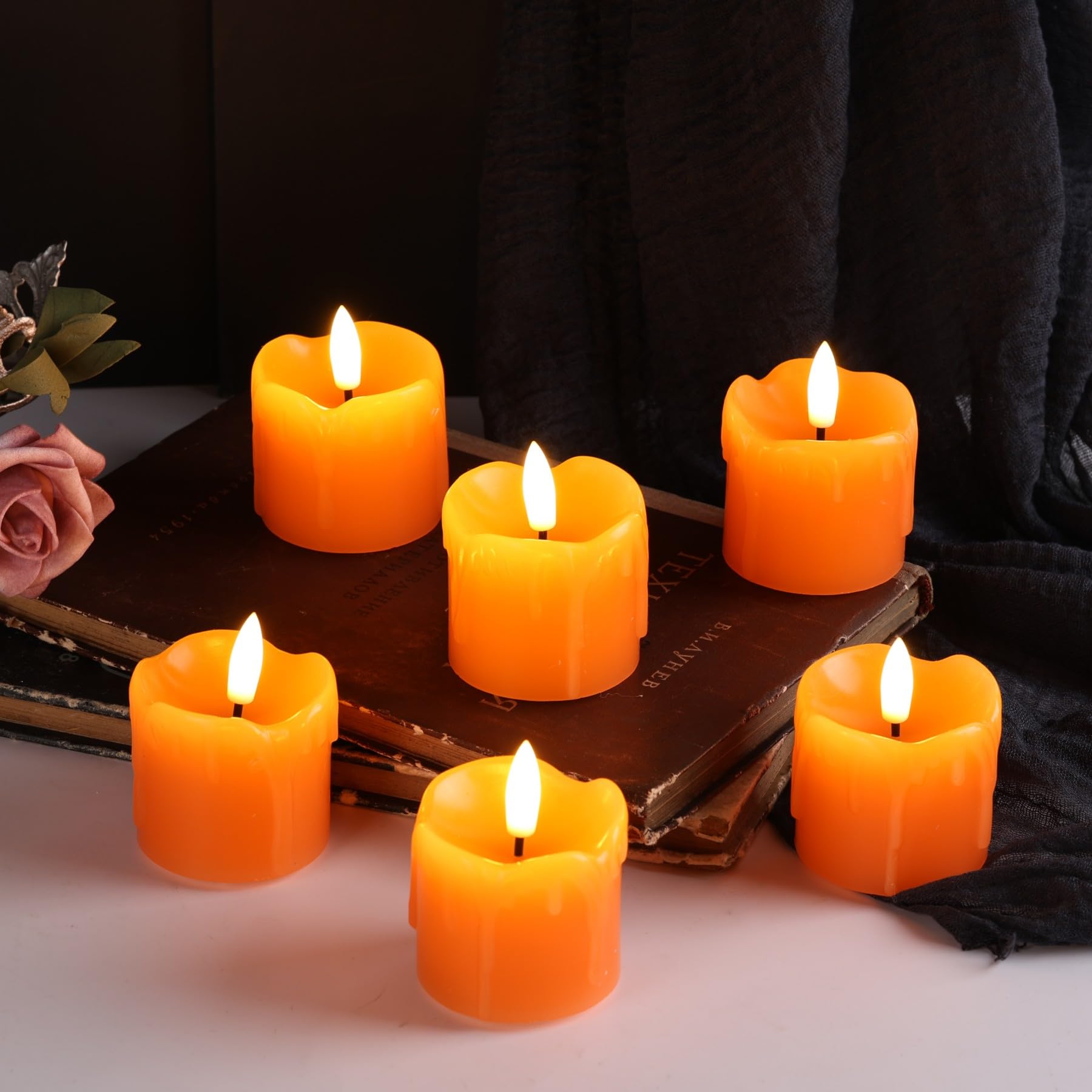 Eywamage Orange Dripping Wax Led Votive Candles With Remote, 2X2 In Flickering Flameless Halloween Fall Candles Set Of 6