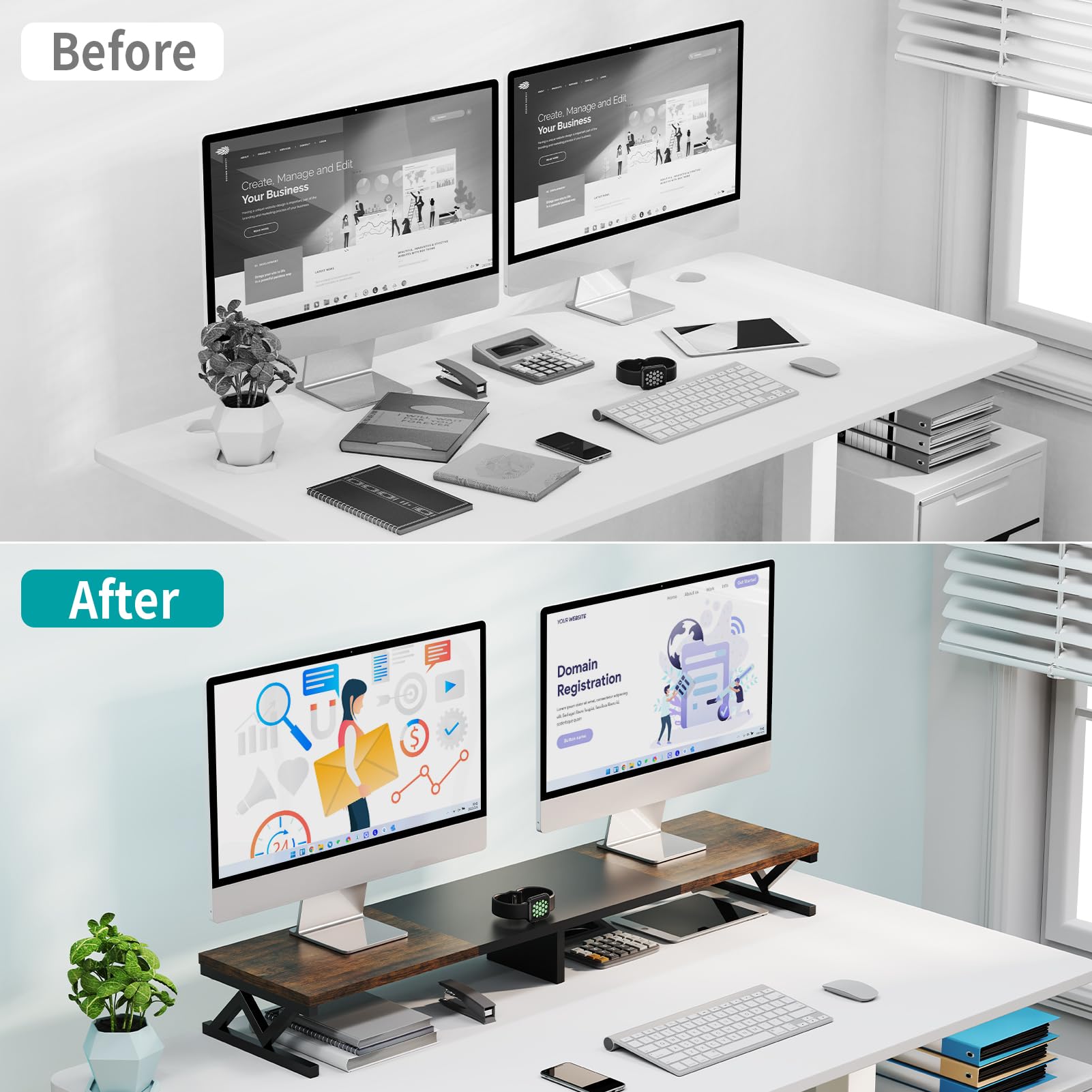 Ergofocus Dual Monitor Stand Riser, Large Wood Monitor Riser For 2 Monitors, Monitor Lift With Storage For Desk, Sturdy Wood&Ste
